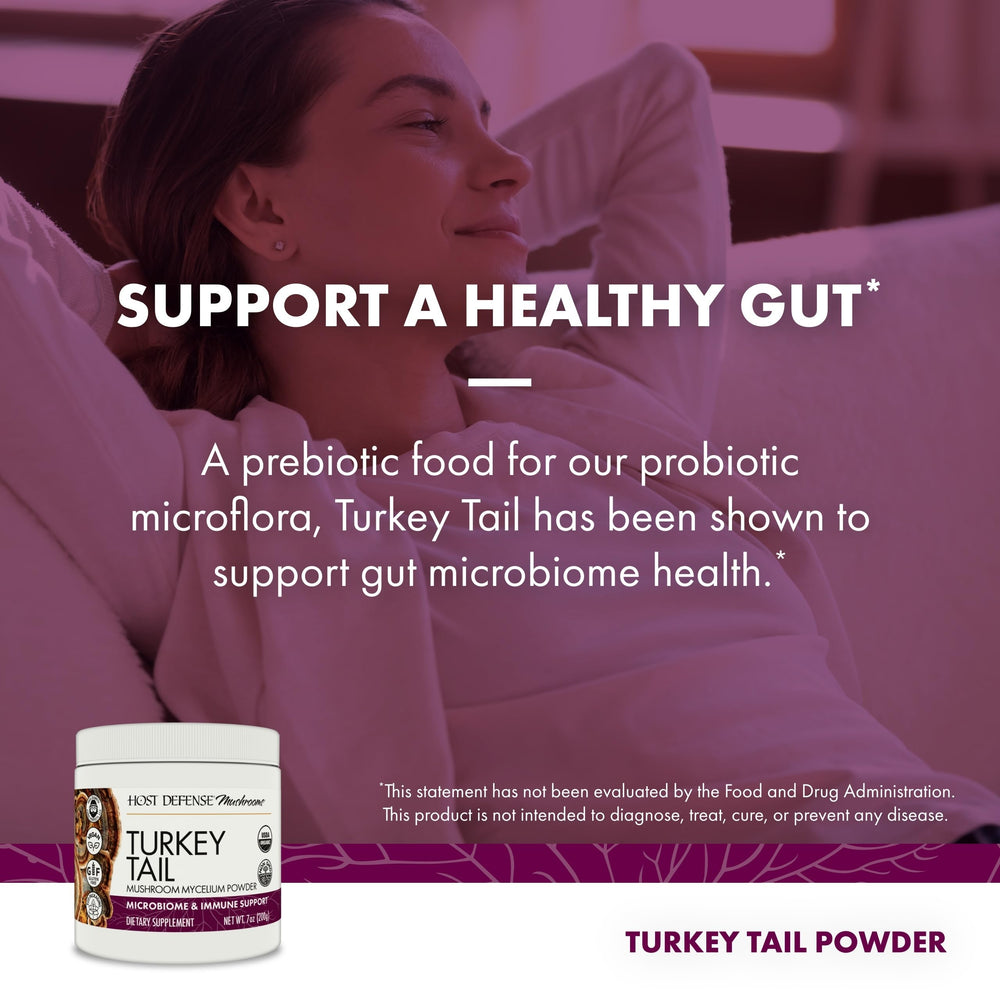 Host Defense turkey tail powder glass bottle close-up emphasizes product integrity and packaging quality.