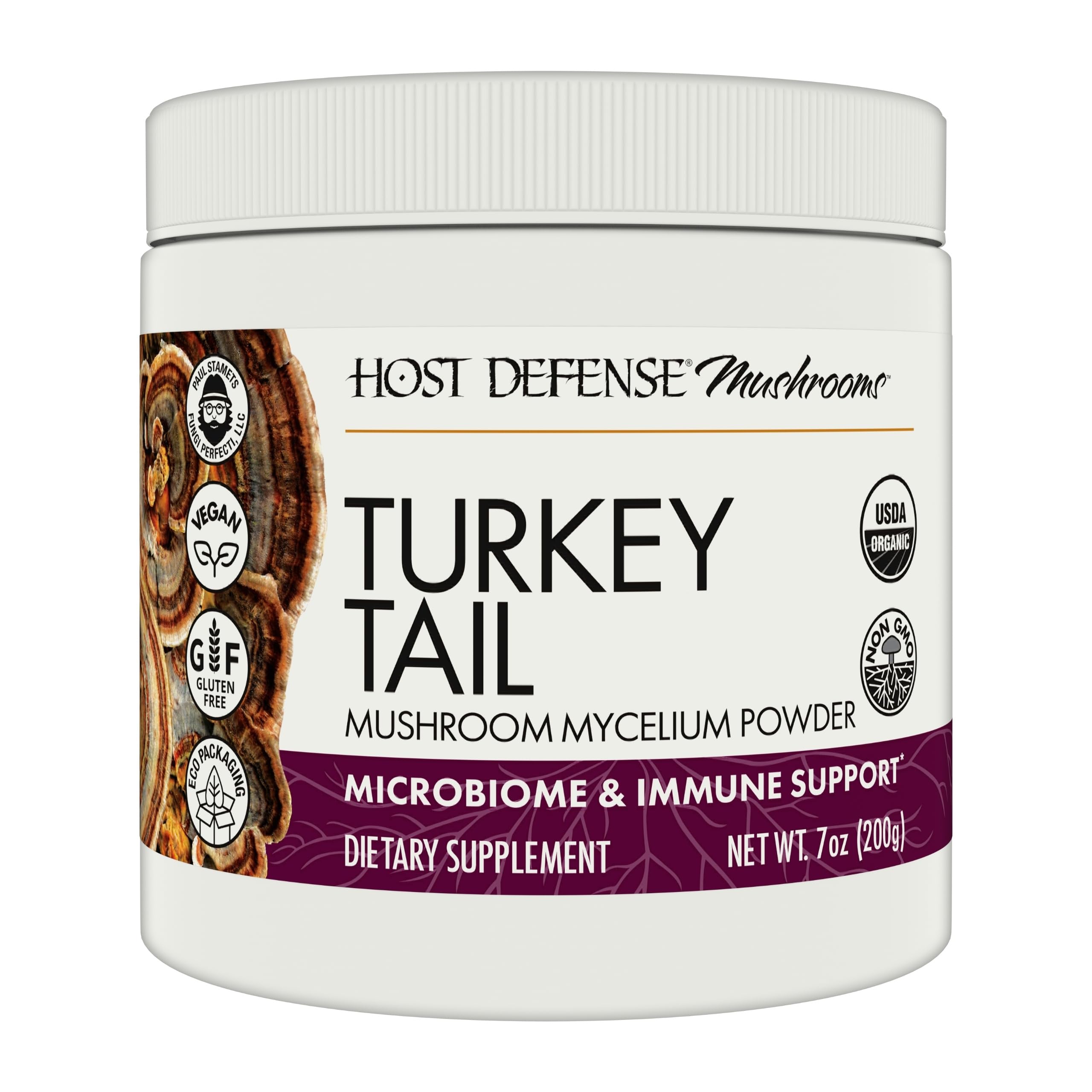 Host Defense Turkey Tail powder jar shows premium blend for digestive balance and immune support.