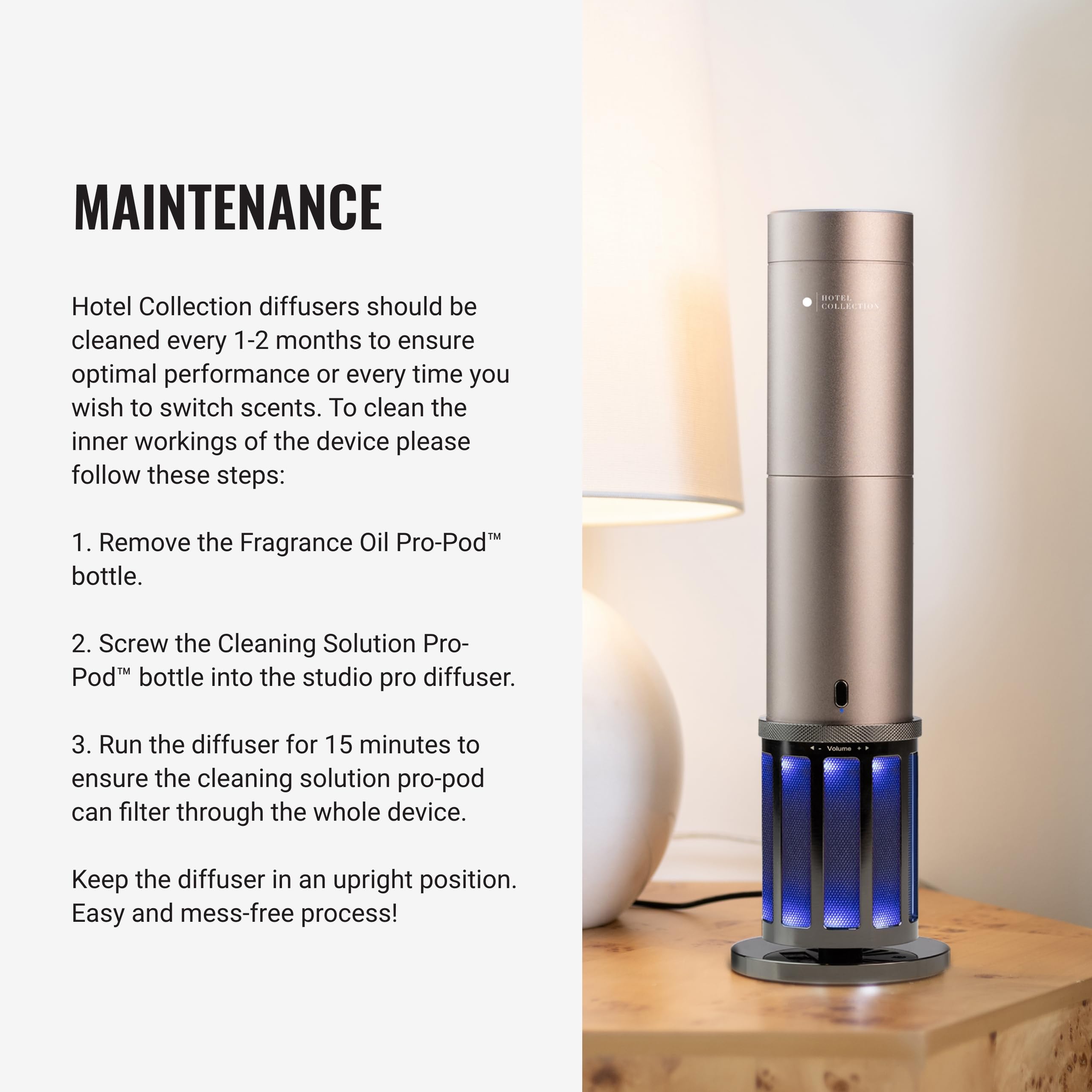 Hotel Collection Acoustic Studio Pro diffuser with Pro Pod bottle enables controlled fragrance release.