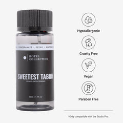 Pour scene showing Sweetest Taboo oil enhancing bedroom ambience.