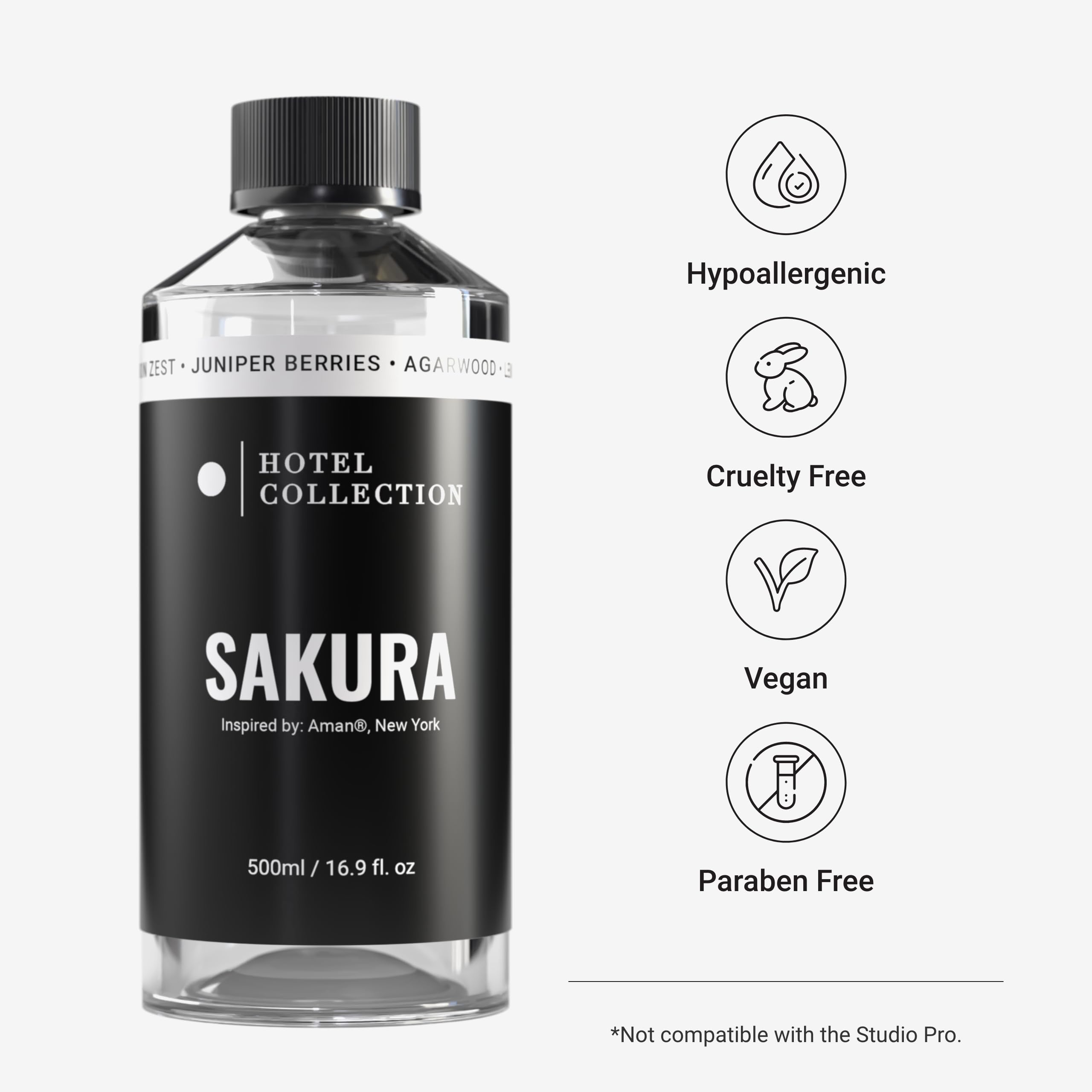 Hotel Collection Sakura label closeup reveals Lemon Zest, Juniper Berries, Agarwood notes.