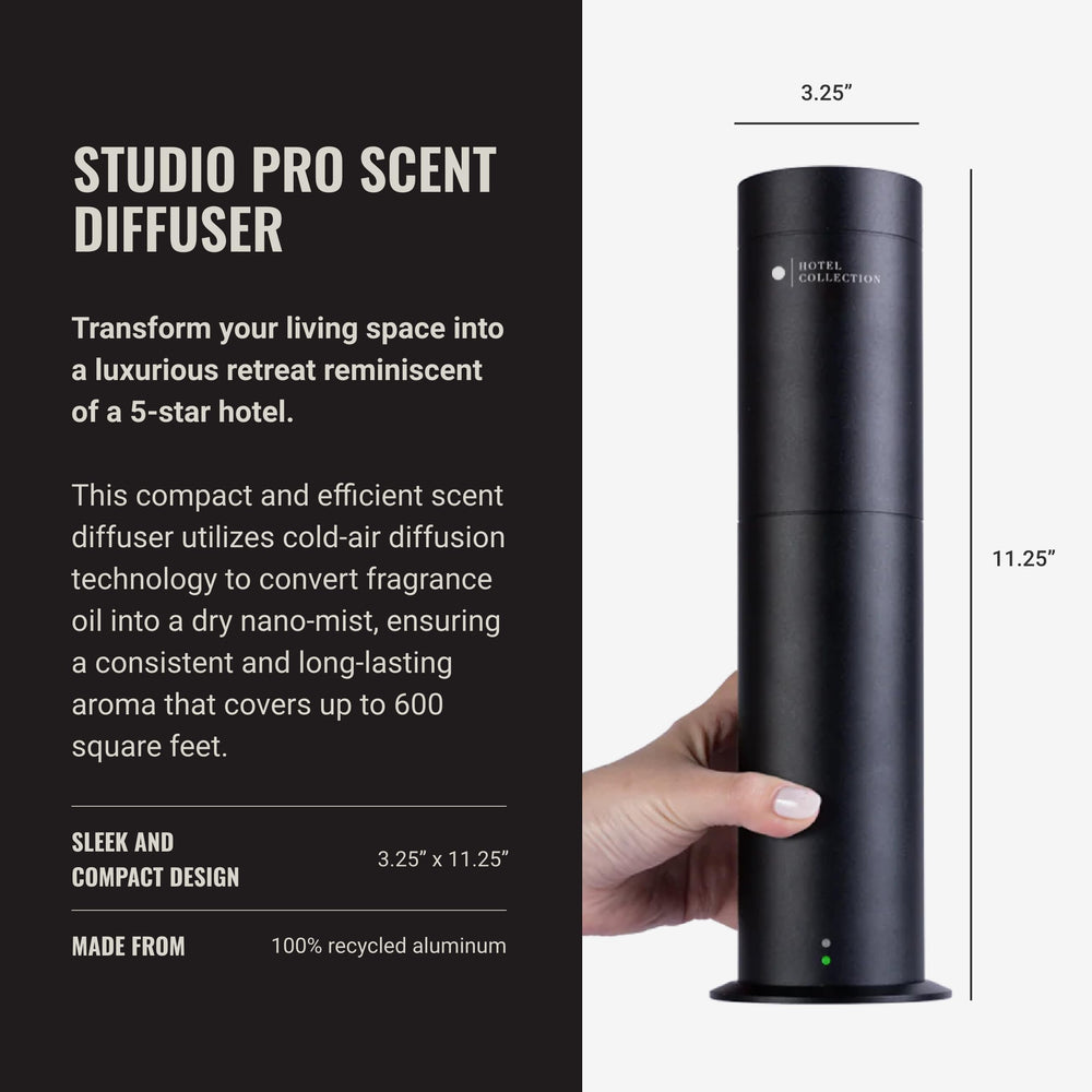 Hotel Collection Studio Pro closeup shows sleek aluminum design for durable, premium scenting.