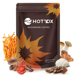 Hotvox Mushroom Coffee pack on kitchen shelf inviting a quick morning ritual
