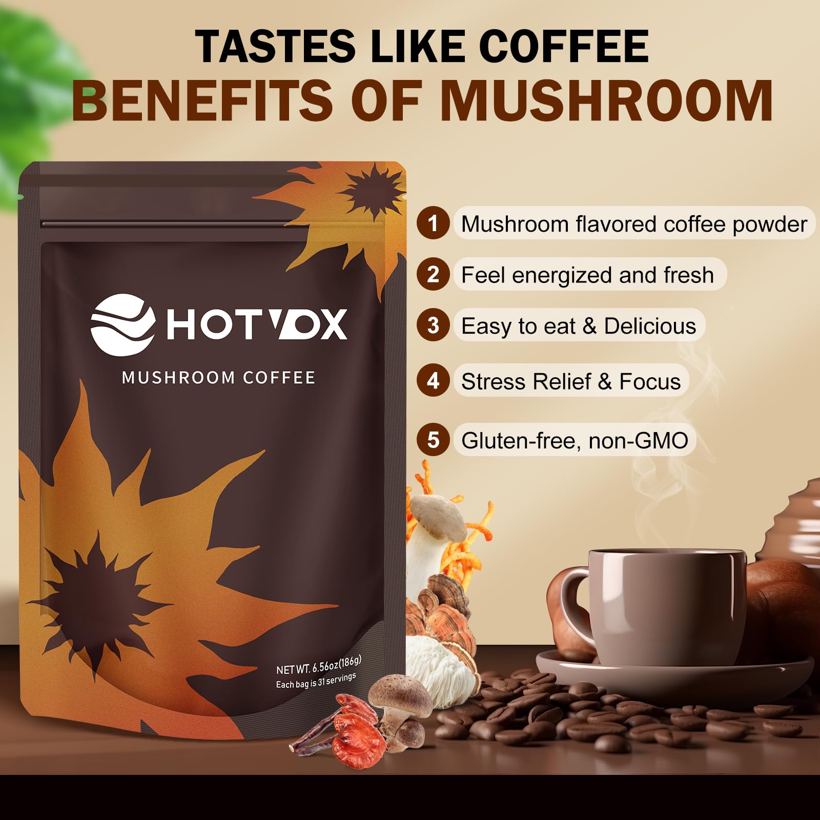 Hotvox Mushroom Coffee scoop beside cup ready for a fast caffeine boost