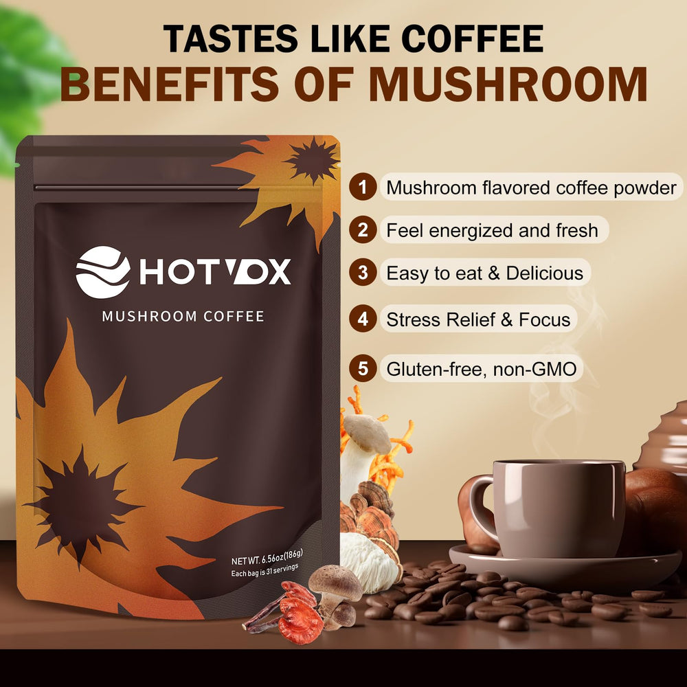 Hotvox Mushroom Coffee scoop beside cup ready for a fast caffeine boost