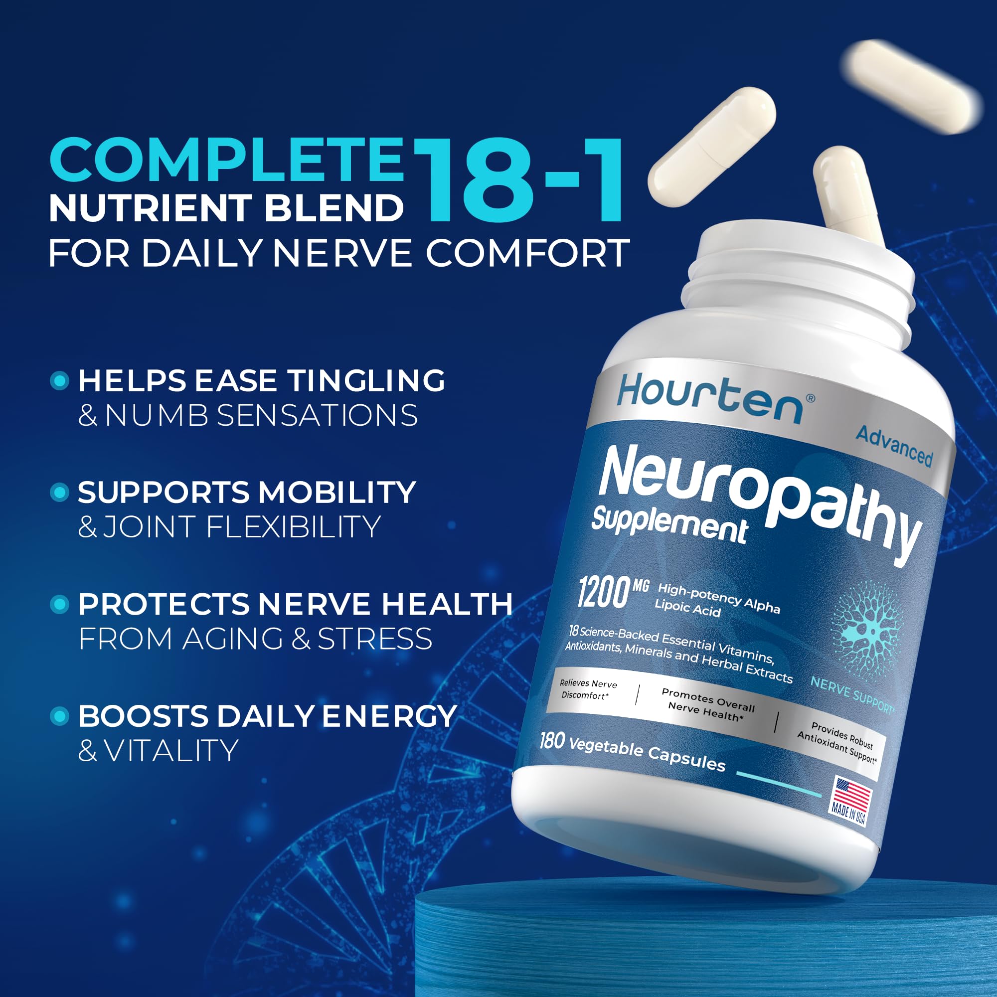 Hourten 18-in-1 formula ingredients array signaling comprehensive nerve health support.