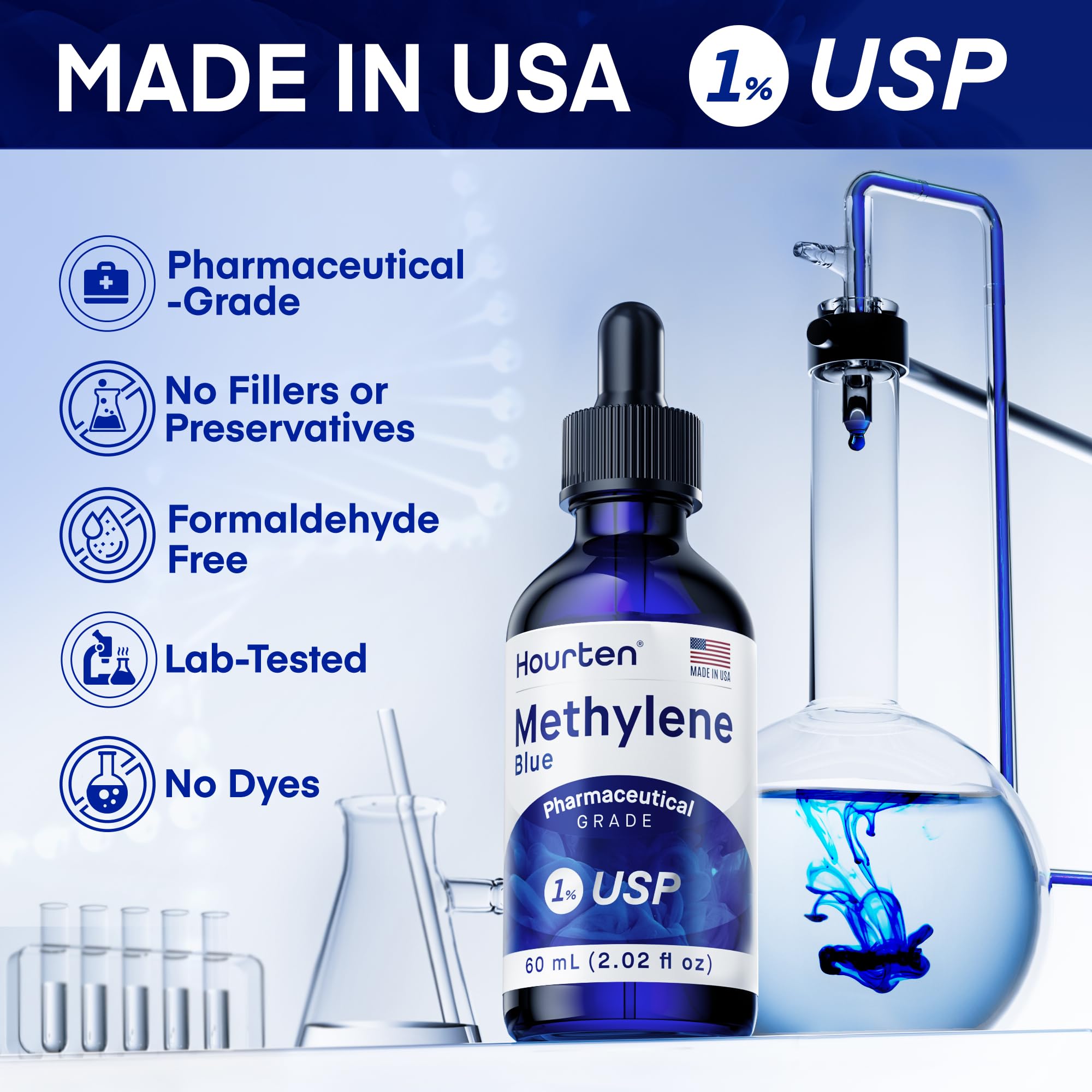 Hourten Methylene Blue Drops USA made packaging reflects quality