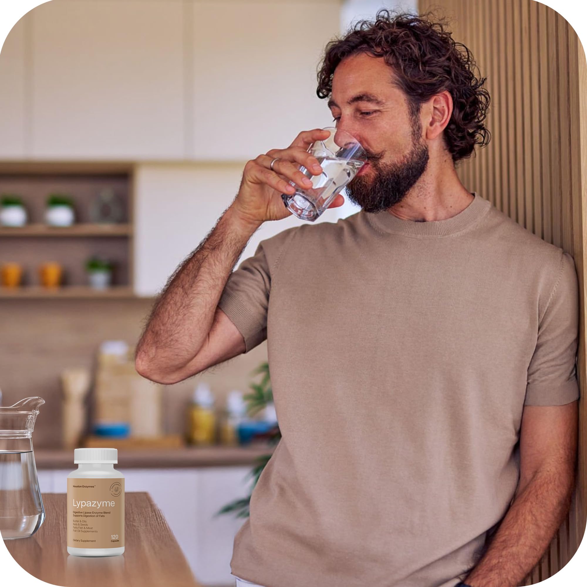 Houston Enzymes Lypazyme bottle on table for everyday fat digestion support.