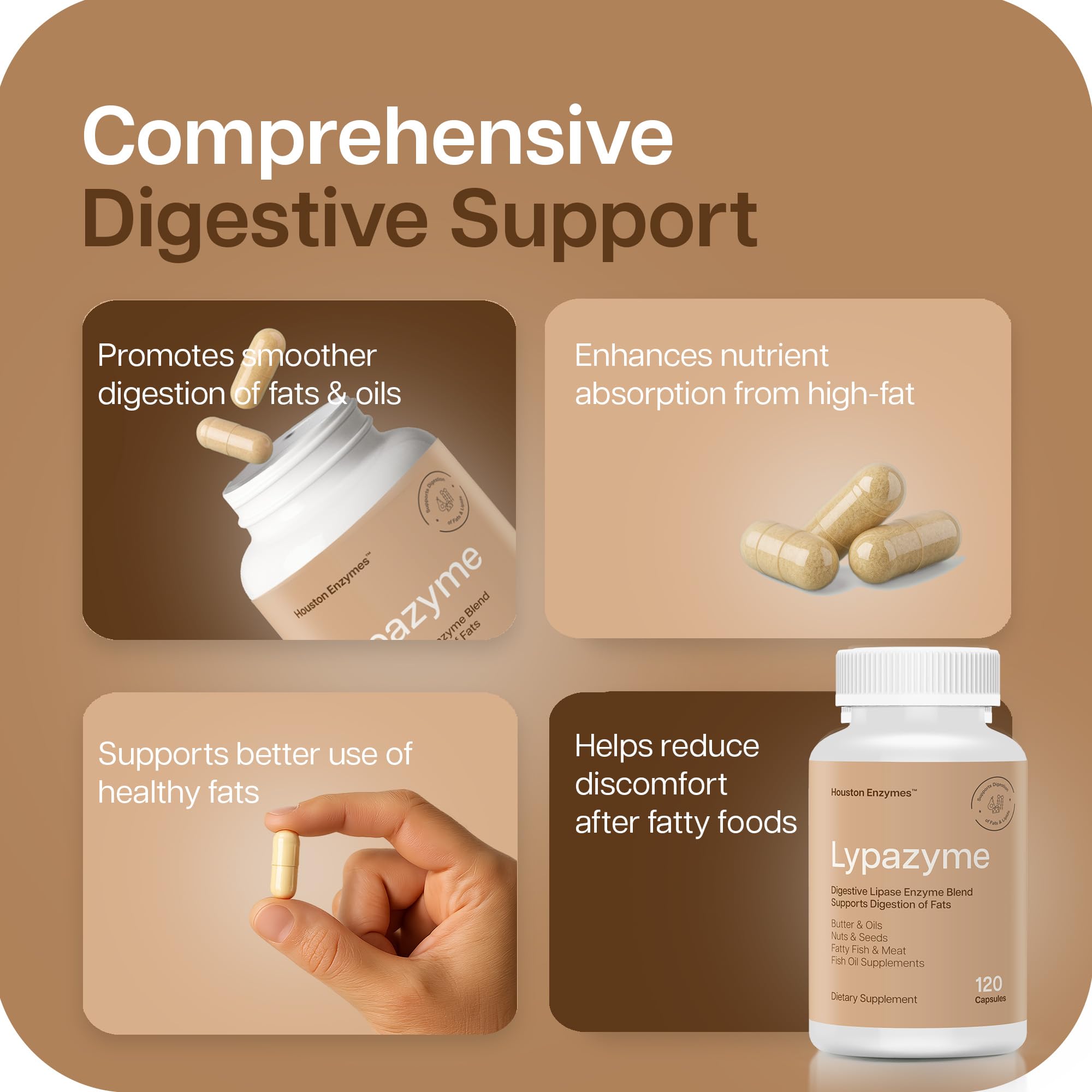 Houston Enzymes Lypazyme with fish oil context for high-fat meals.