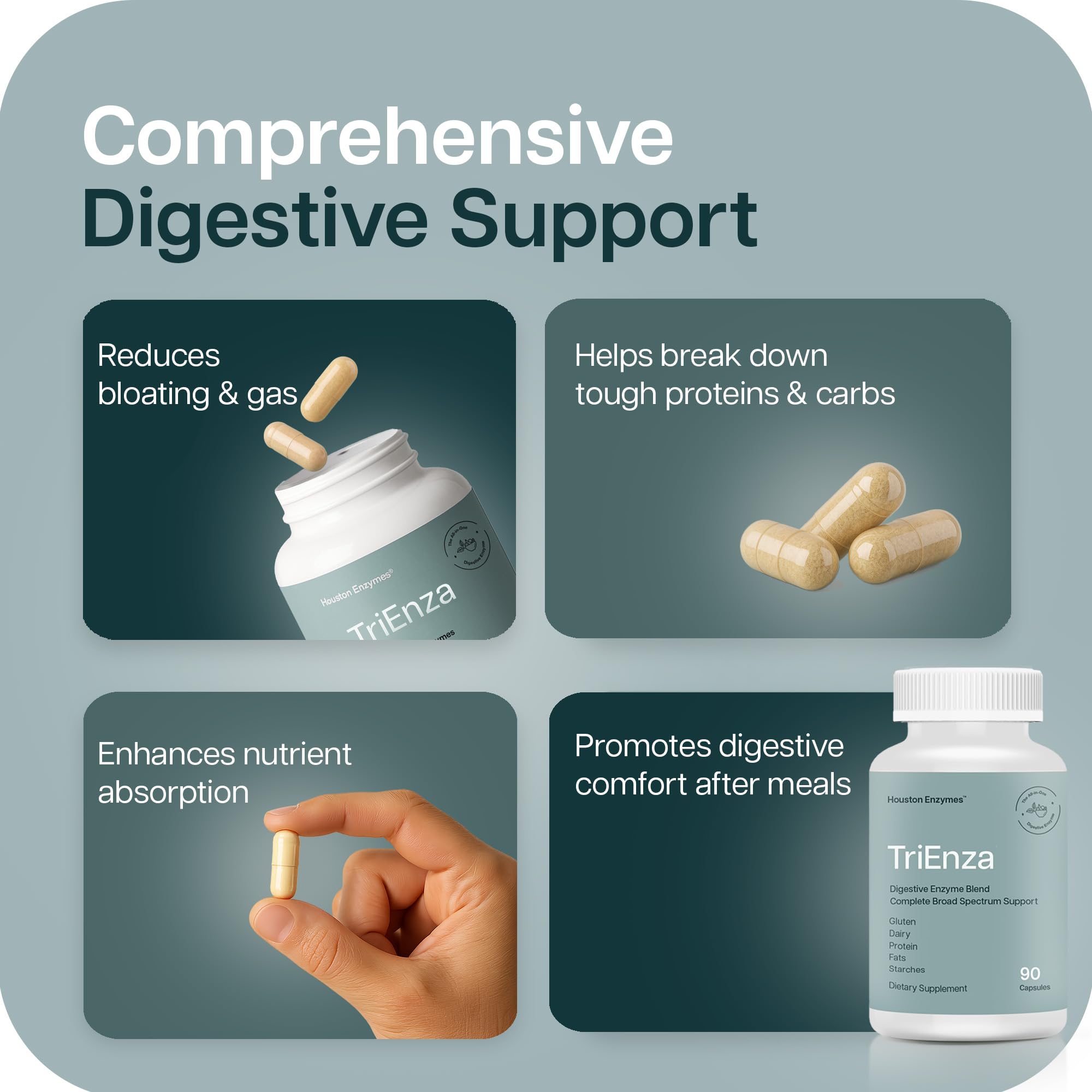 Houston Enzymes TriEnza bottle in hands for convenient meals.