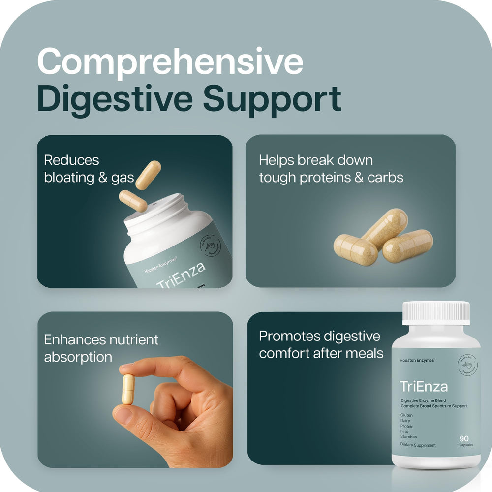 Houston Enzymes TriEnza bottle in hands for convenient meals.