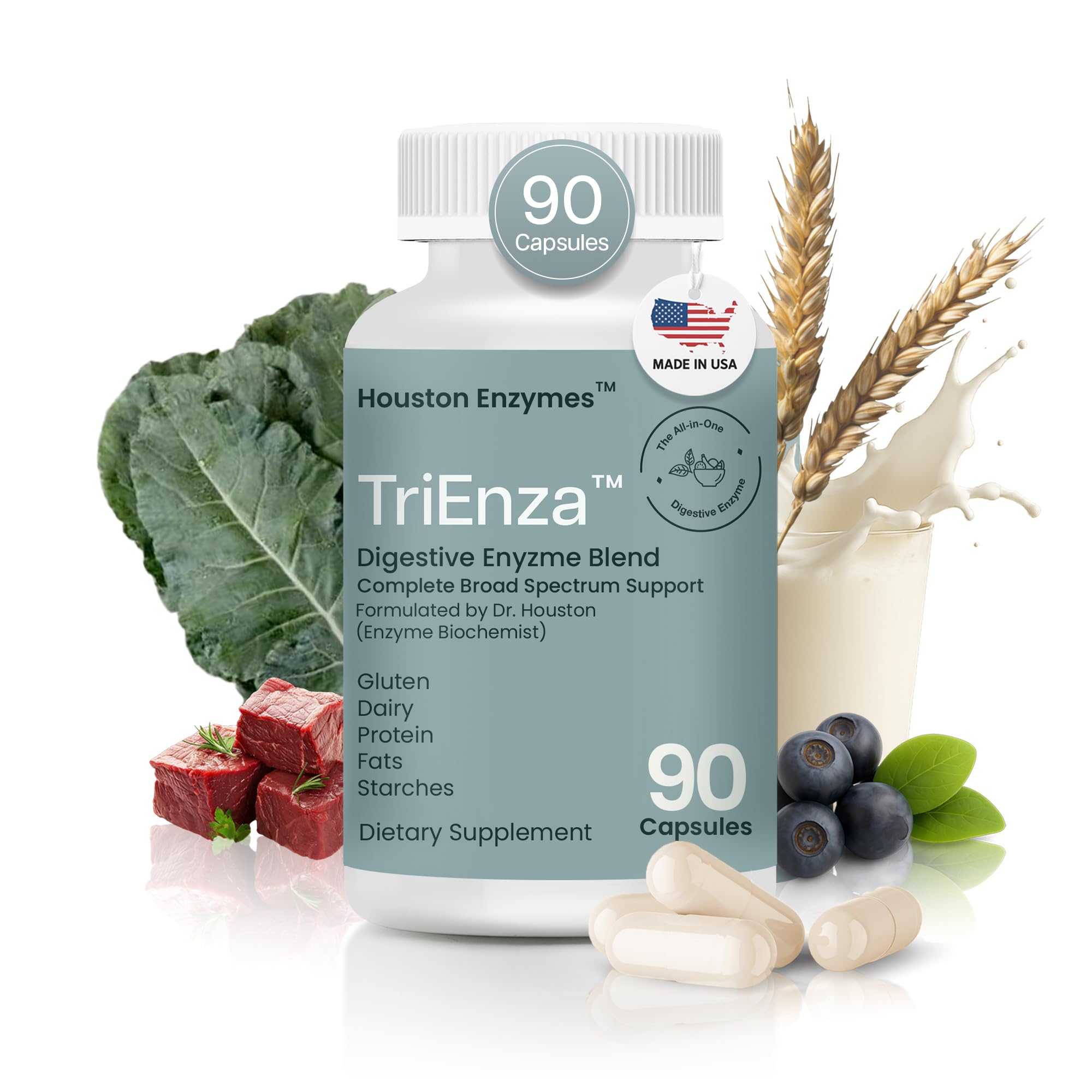 Houston Enzymes TriEnza bottle pour supports digestion during meals.