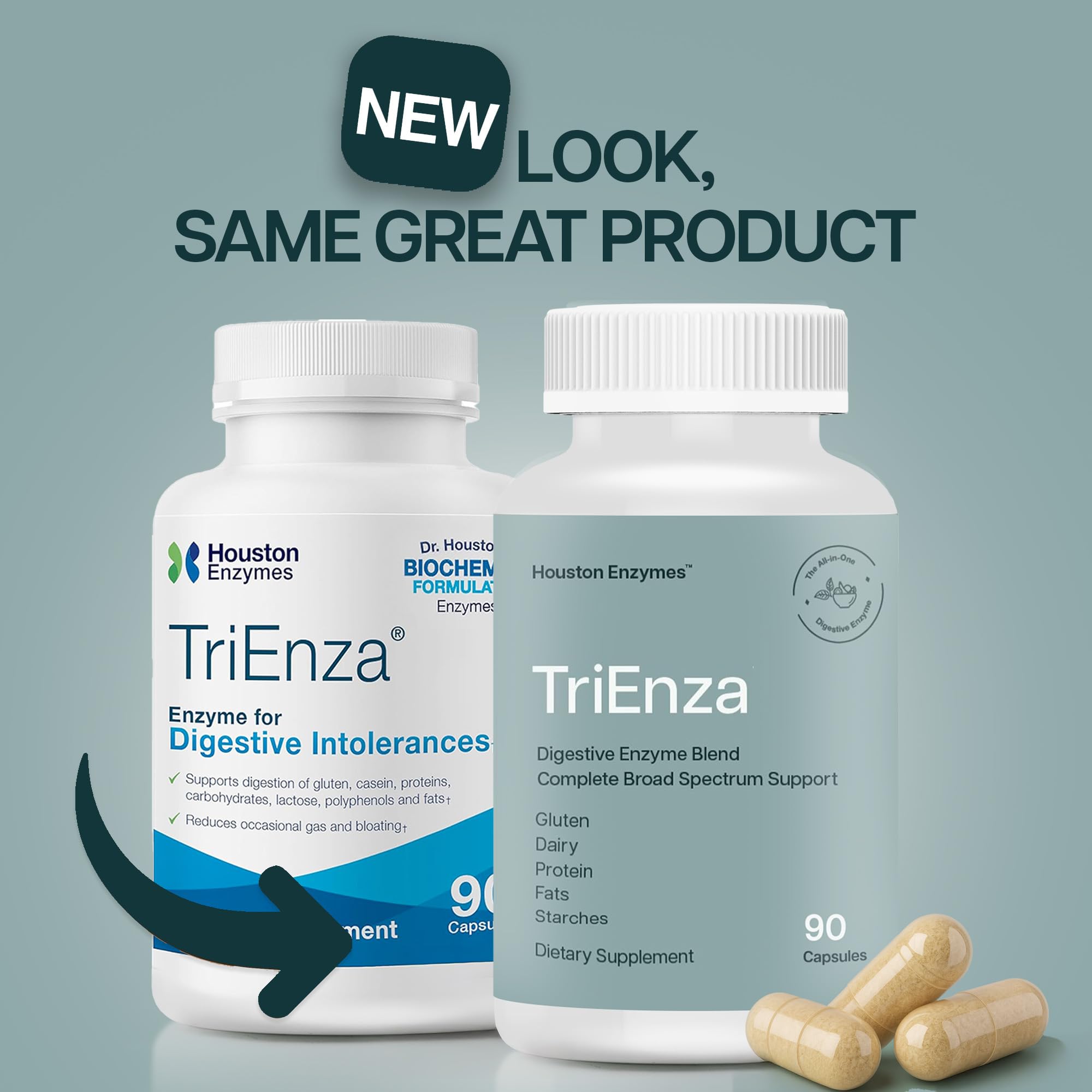 TriEnza bottle beside food imagery illustrating carbohydrate and fat digestion support