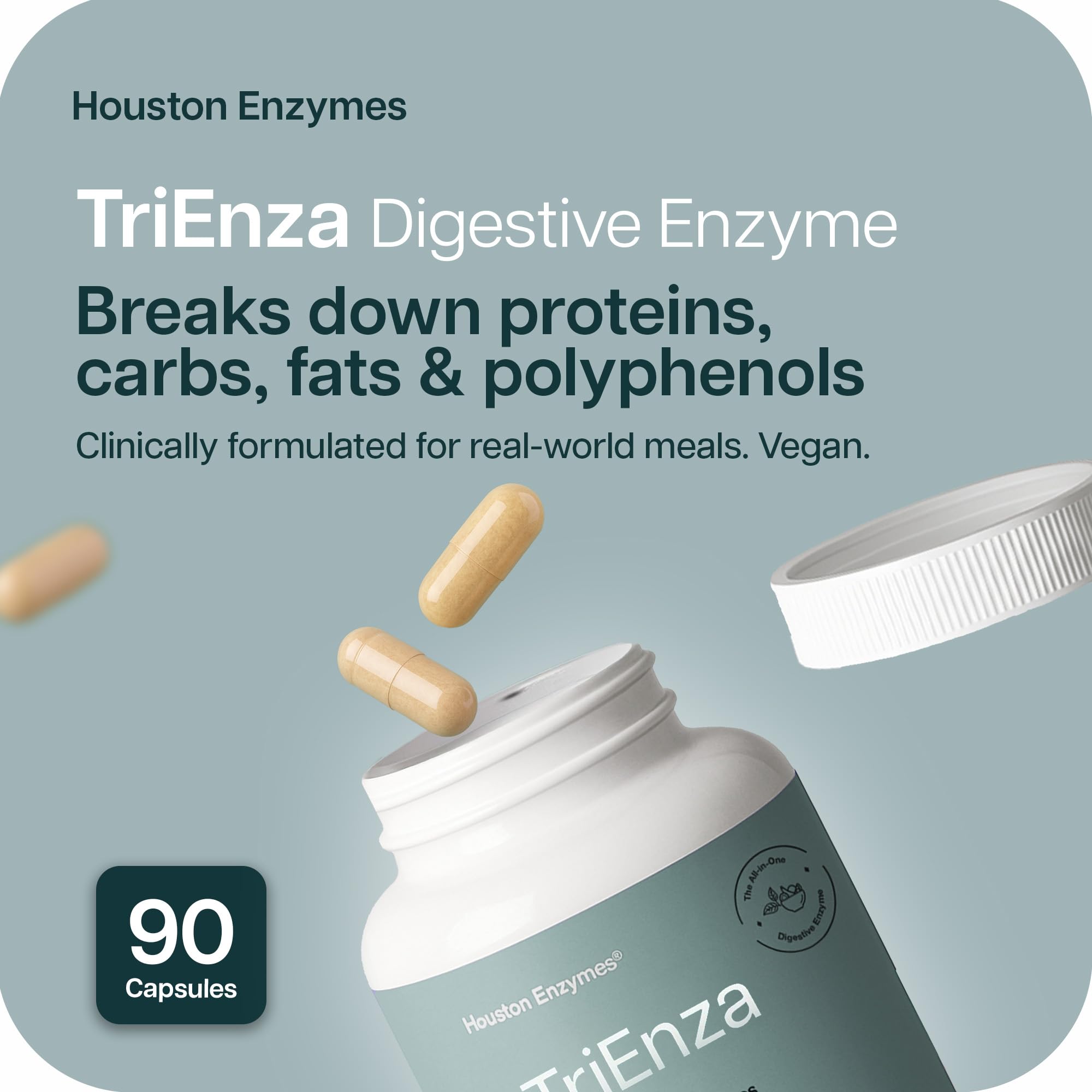 Houston Enzymes TriEnza capsules close-up designed for protein, carb, fat digestion.