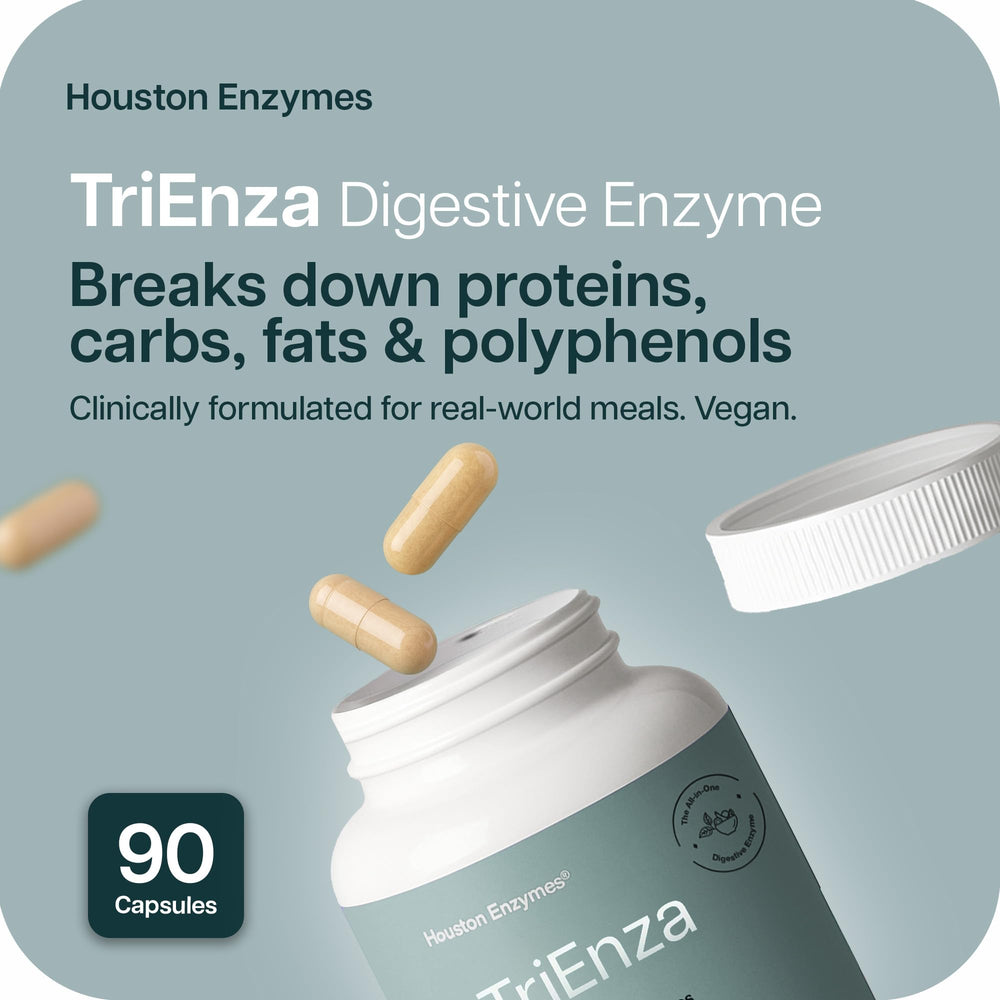 Houston Enzymes TriEnza capsules close-up designed for protein, carb, fat digestion.