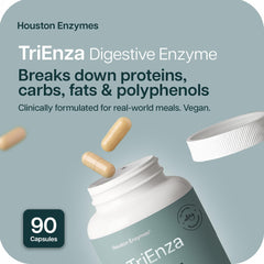 Houston Enzymes TriEnza capsules close-up designed for protein, carb, fat digestion.