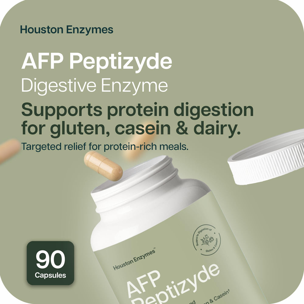 Houston Enzymes AFP Peptizyde capsules closeup for simple daily protein digestion.