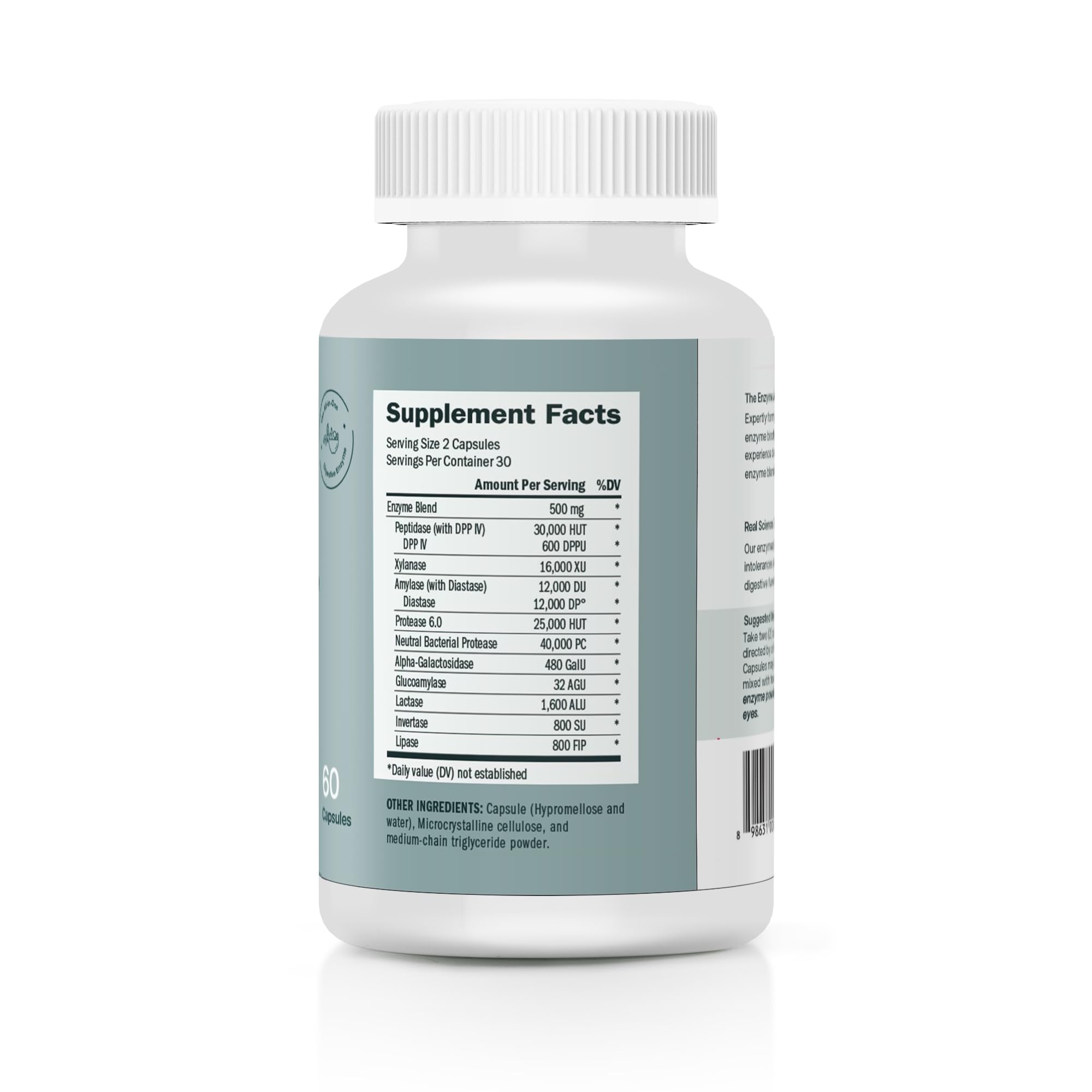 Houston Enzymes TriEnza bottle back with ingredients and digestion support notes.