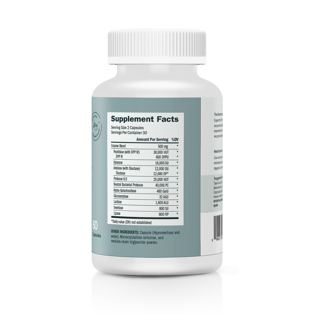 Houston Enzymes TriEnza bottle back with ingredients and digestion support notes.