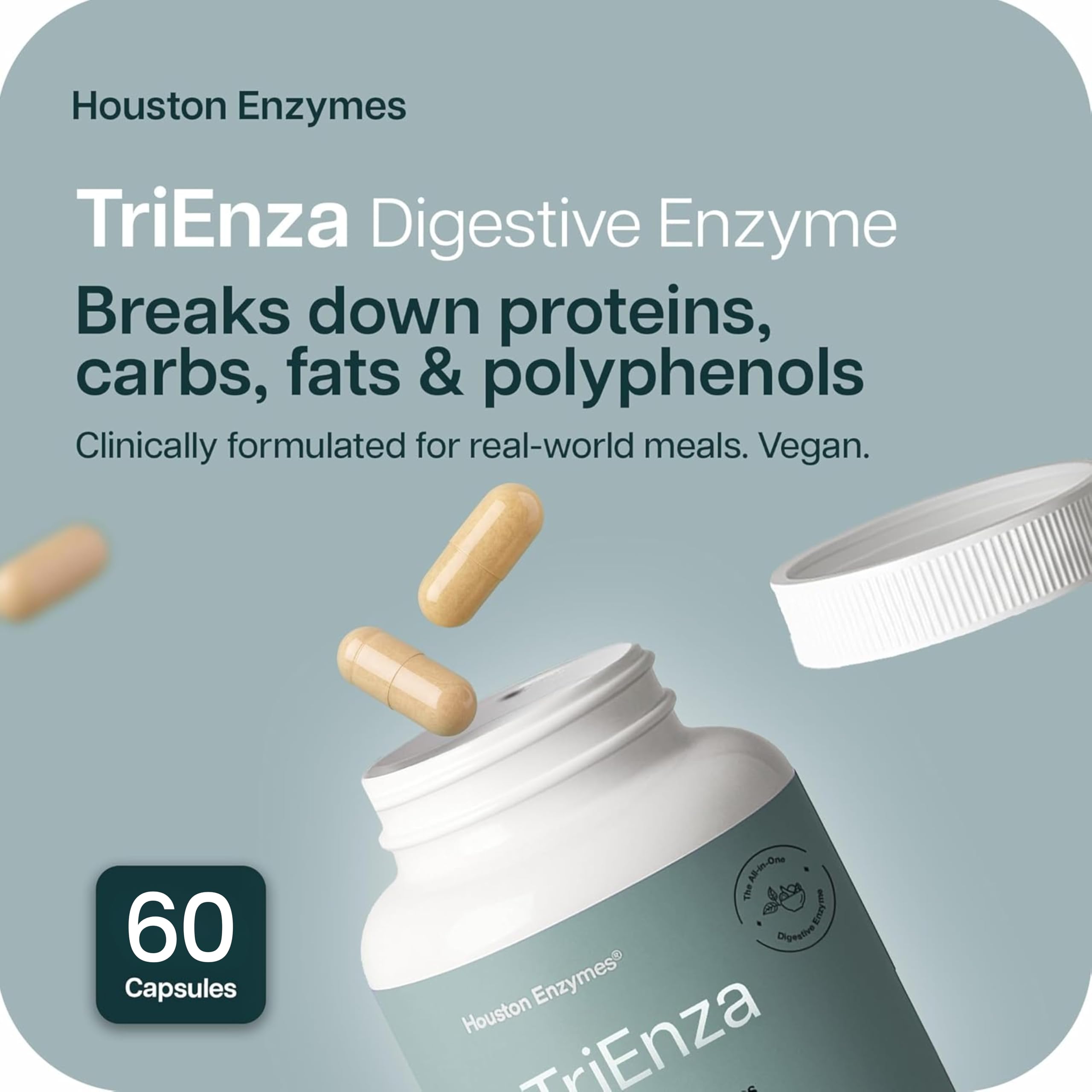 Houston Enzymes TriEnza capsules closeup, convenient capsule format for daily use.