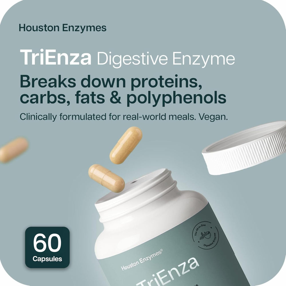 Houston Enzymes TriEnza capsules closeup, convenient capsule format for daily use.