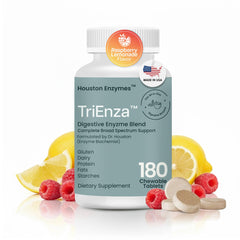 Houston Enzymes TriEnza capsules shown as a comprehensive digestive formula for proteins, fats, and carbs