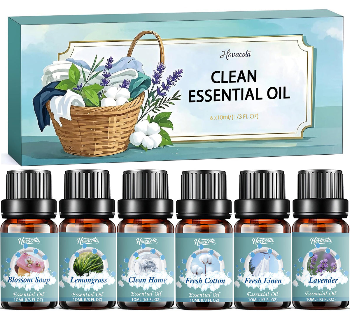 Hovacota clean home diffuser oil bottle for refreshing laundry and spaces.