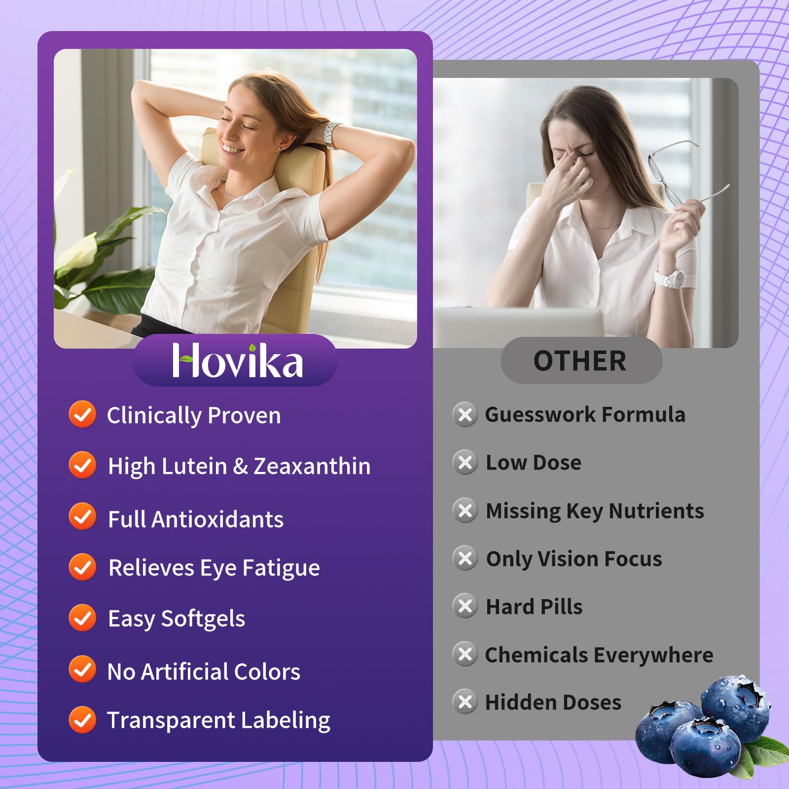 Hovika AREDS2 ingredient icons highlight omega-3 and bilberry together.