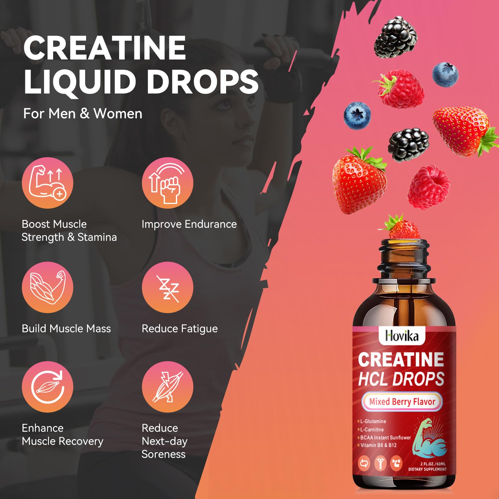 Hovika Creatine HCL liquid drops dropper shows precise 2 ml dose.