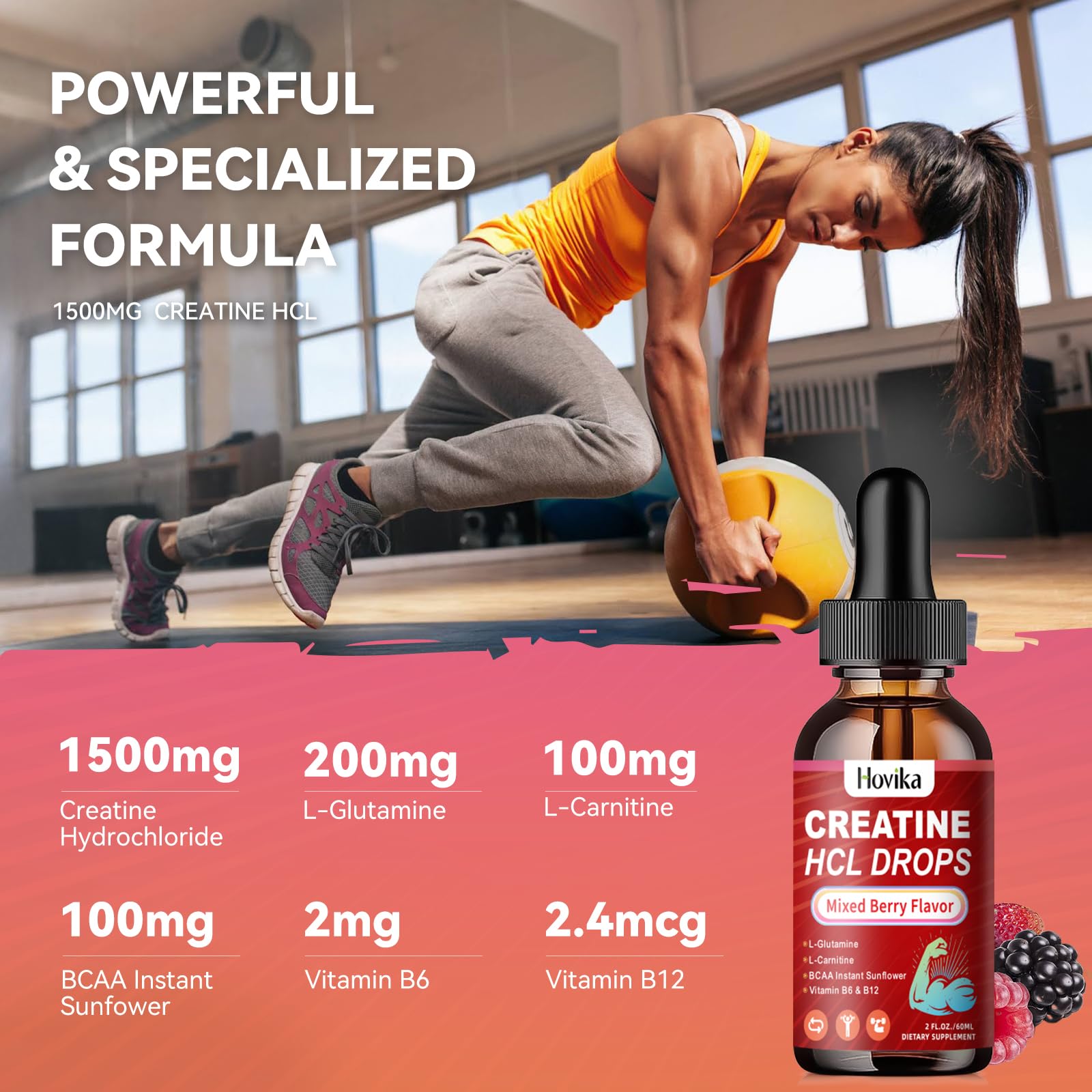 Hovika Creatine HCL liquid drops being poured into a glass for easy mixing.