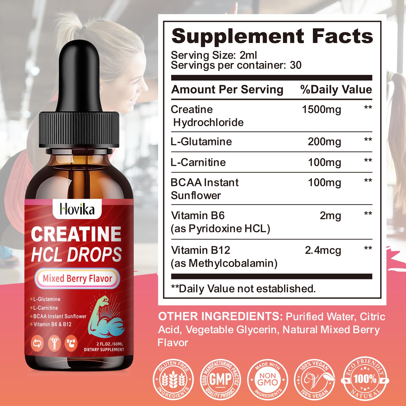 Hovika vegan-friendly, gluten-free, soy-free liquid drops packaging.