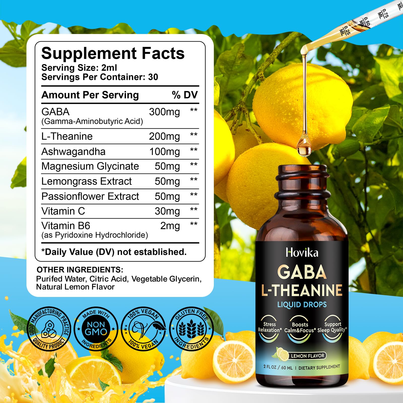 Hovika GABA L-Theanine drops jar on shelf signals daily wellness.