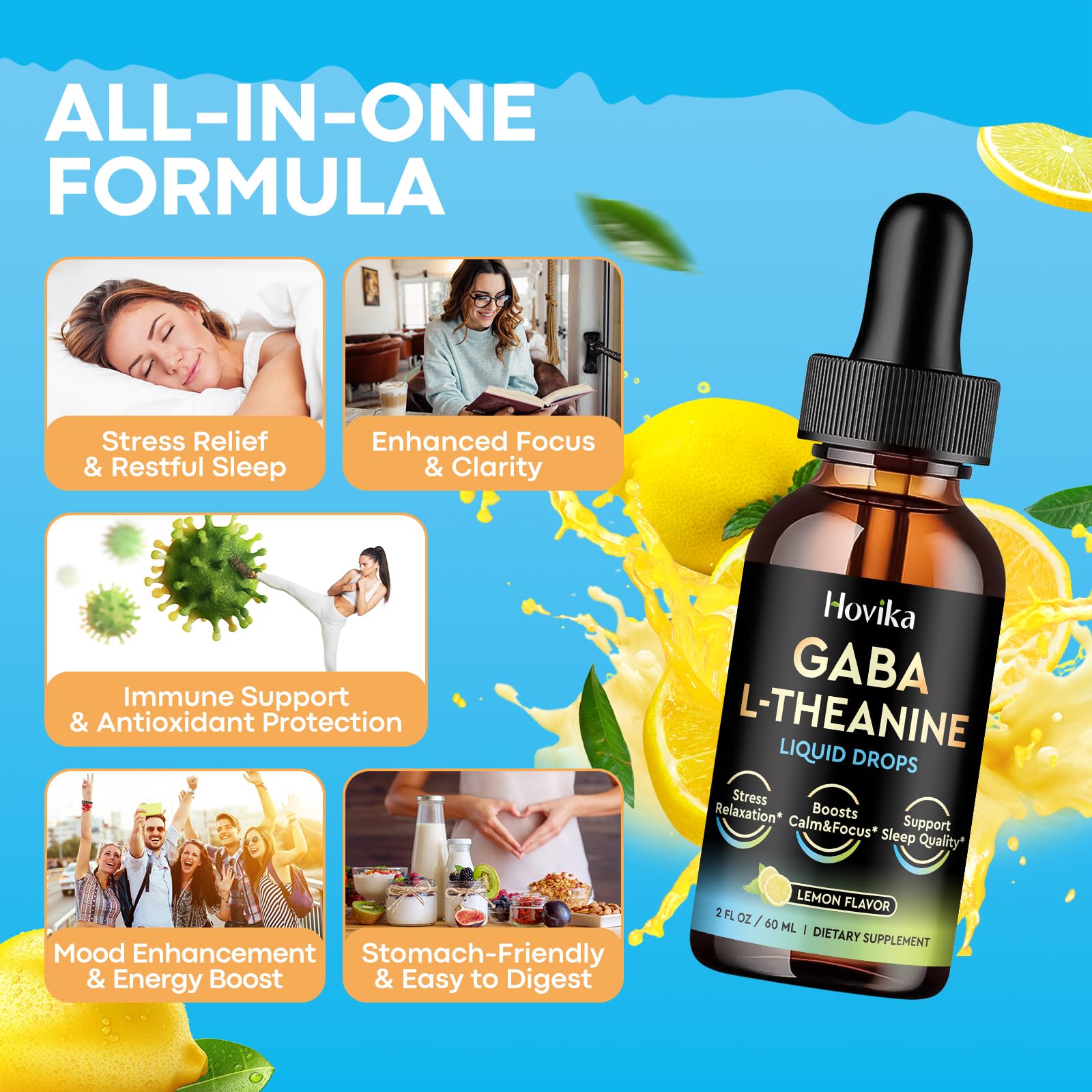 Hovika GABA L-Theanine drops label closeup highlights lemon flavor notes.