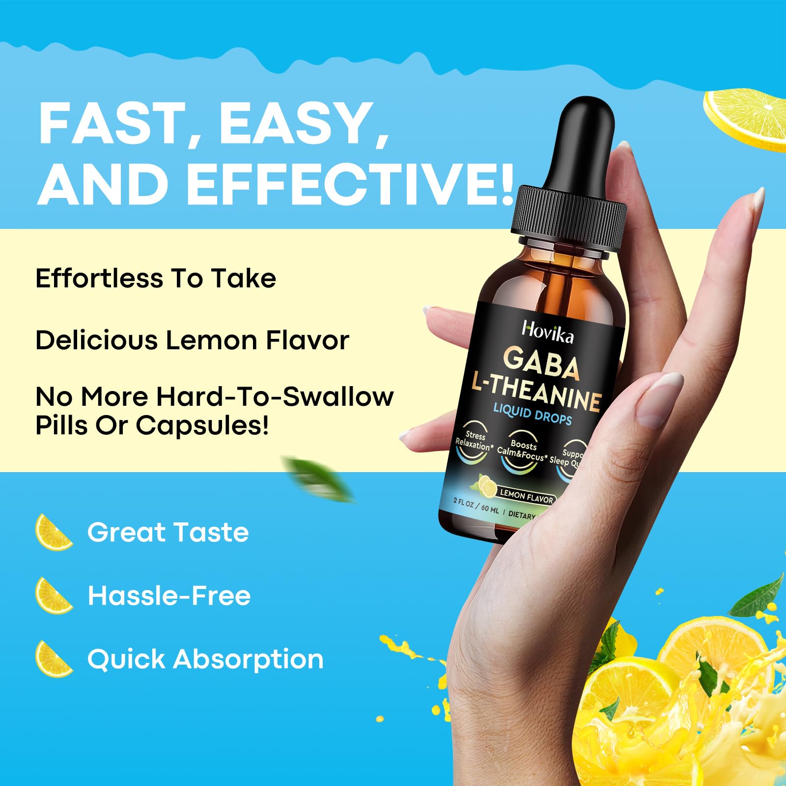 Hovika GABA L-Theanine drops mood-relaxation concept with calm focus.