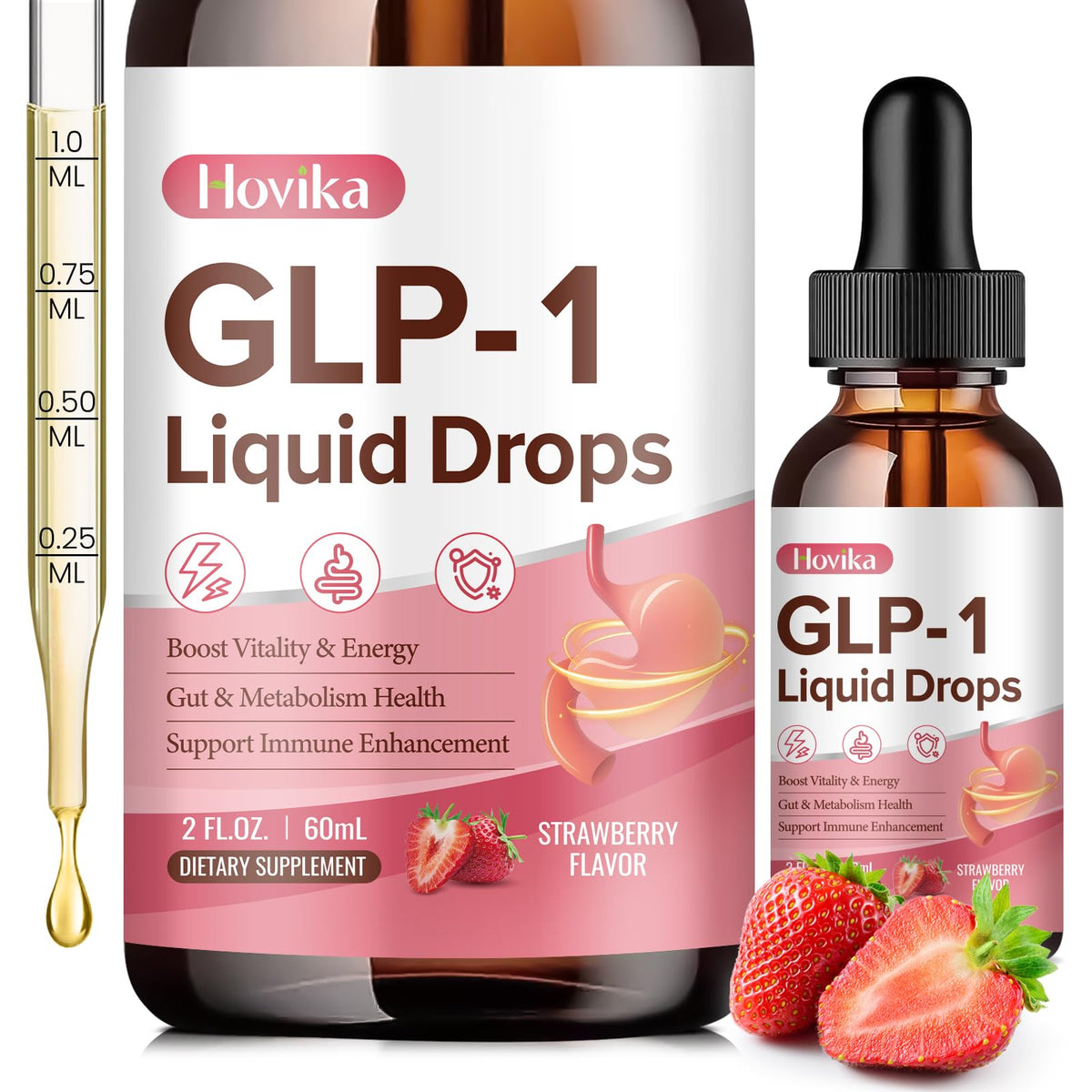 Hovika GLP-1 bottle in strawberry flavor for a convenient daily drop routine