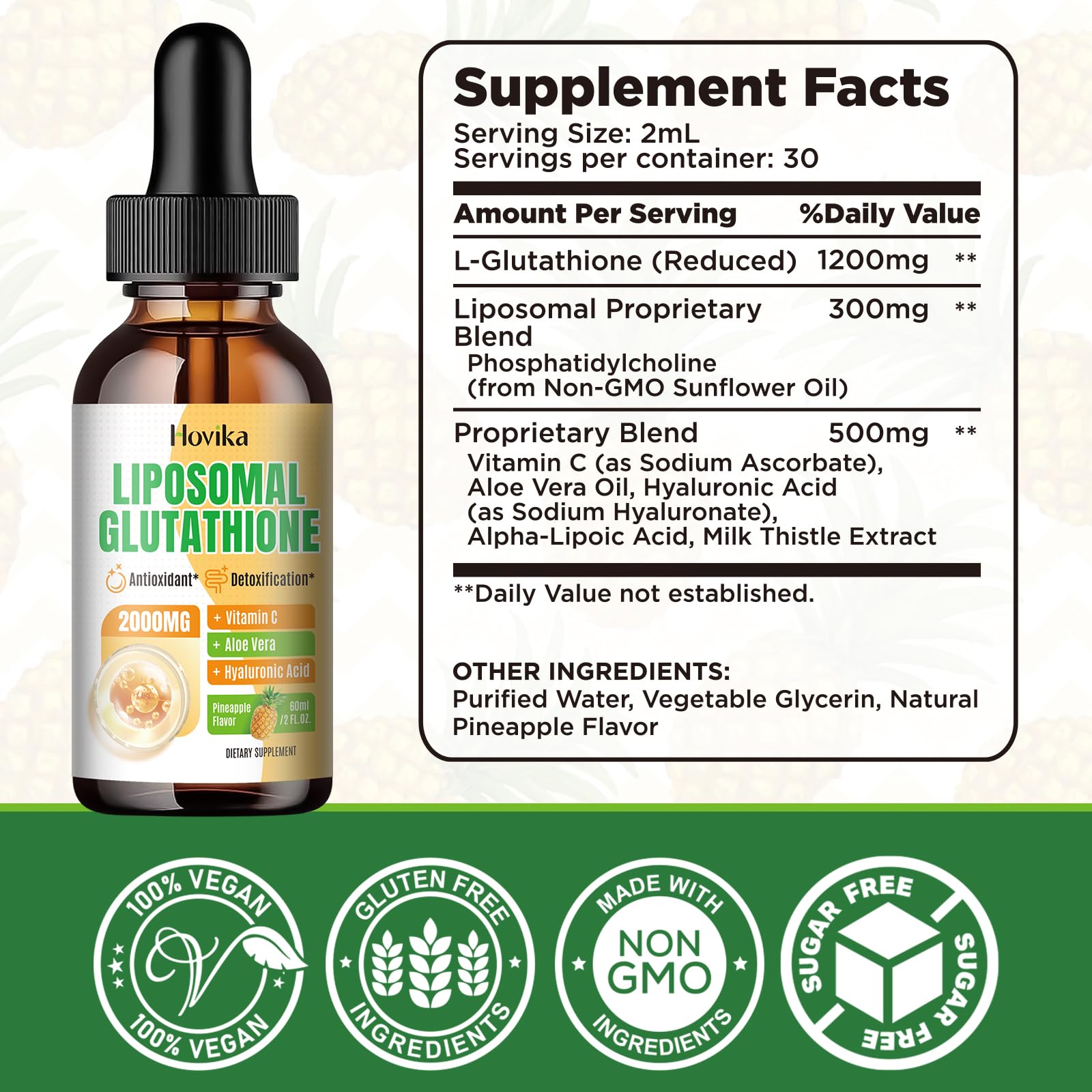 Hovika glutathione drops with dropper ready for easy dosing.