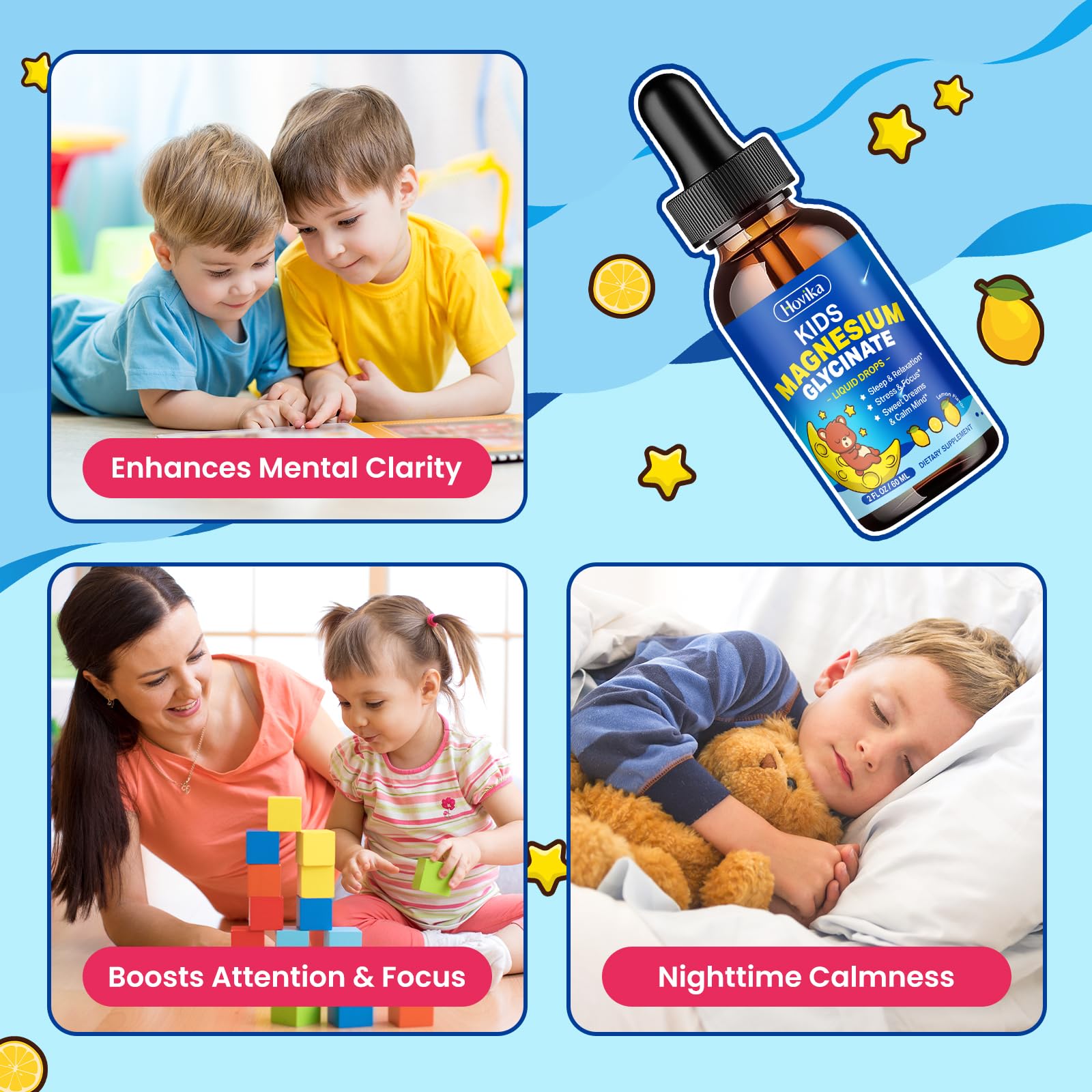 Hovika Kids Magnesium Drops dropper close-up showing quick administration.