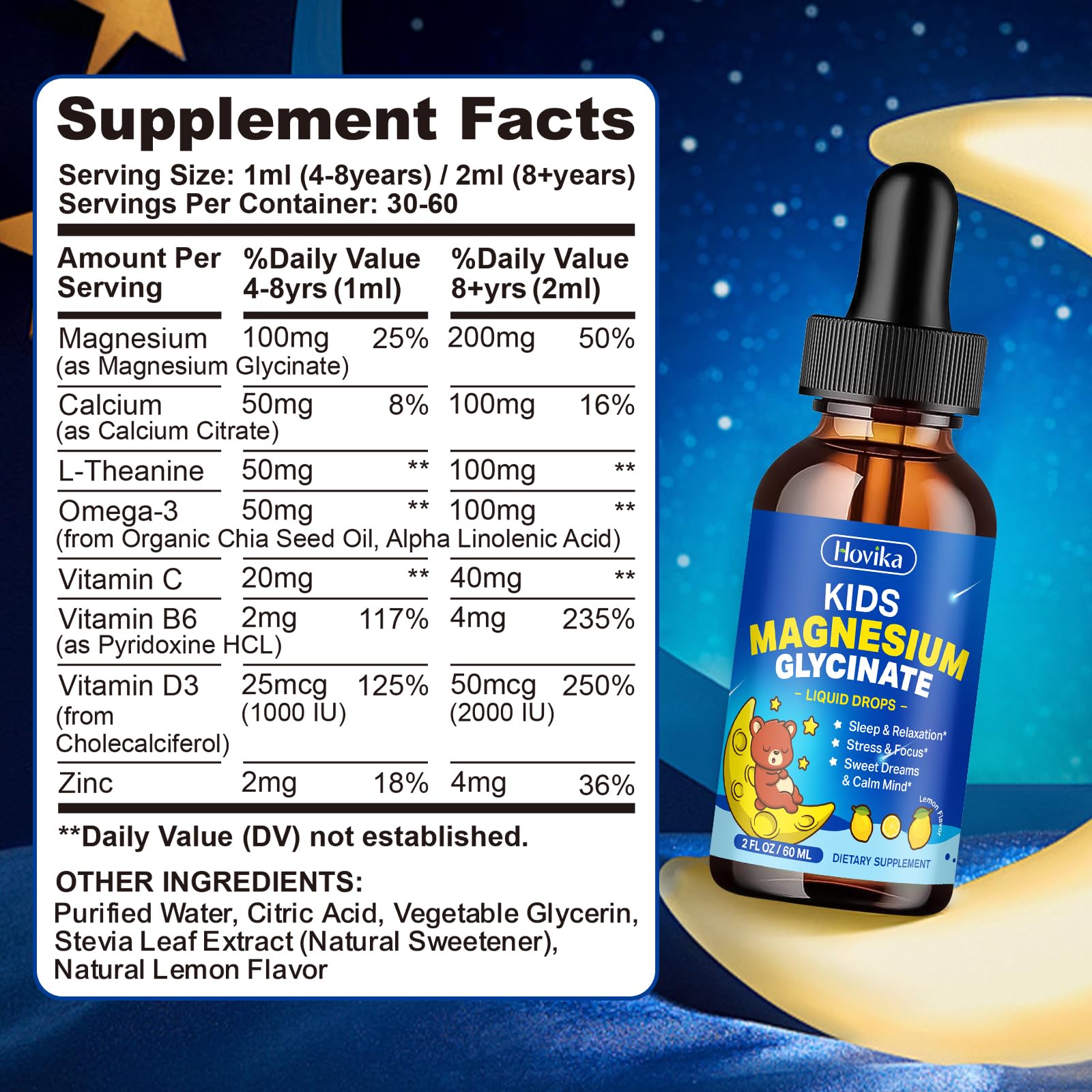 Hovika Kids Magnesium Drops being mixed in water for easy consumption.