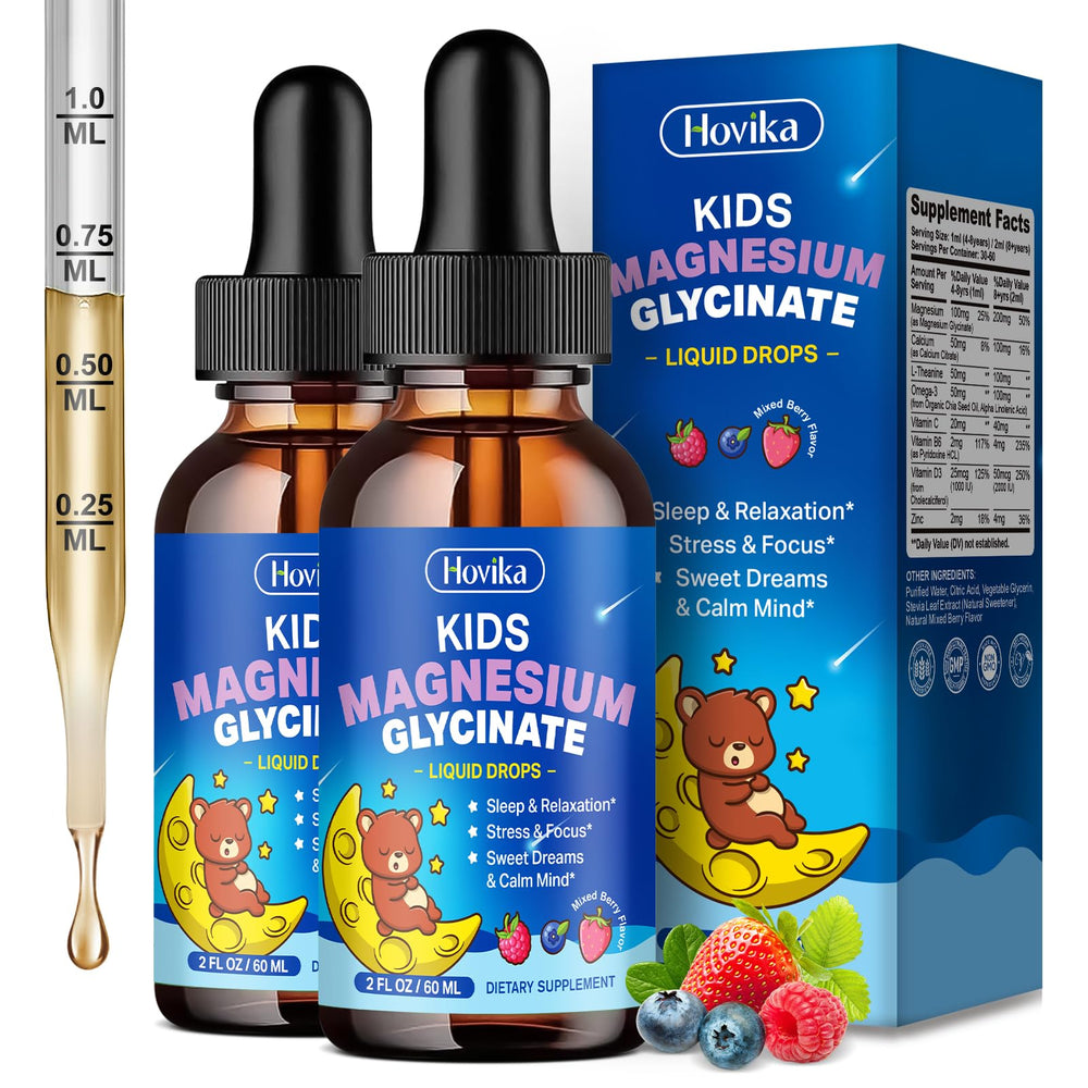 Hovika kids magnesium glycinate drops bottle promotes calm relaxation and restful sleep