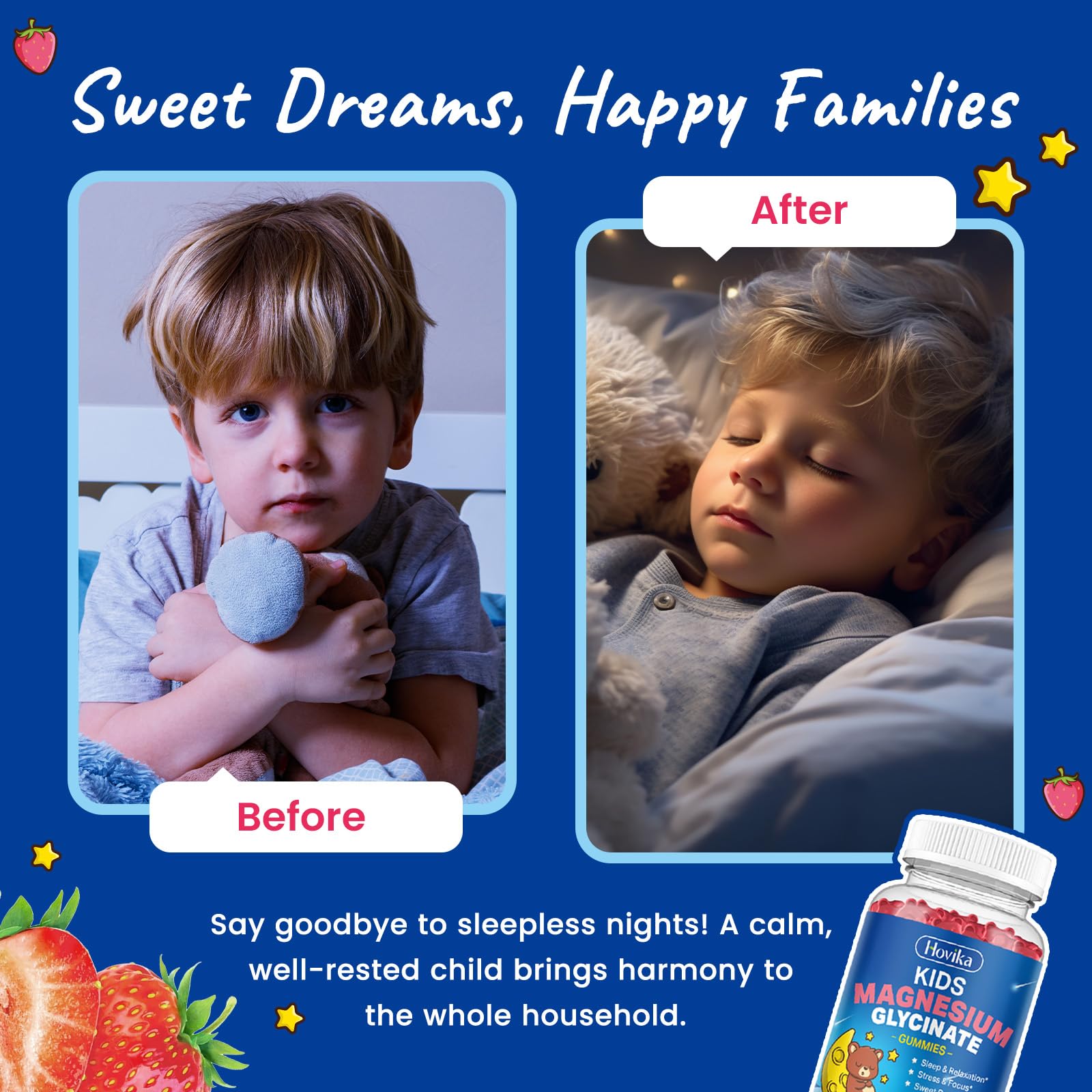 Child holding Hovika gummies promotes a simple bedtime routine.
