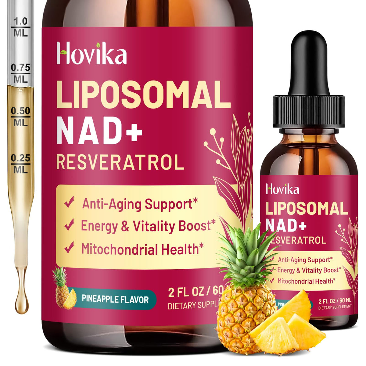 Hovika Liposomal NAD bottle front shows daily energy and vitality.