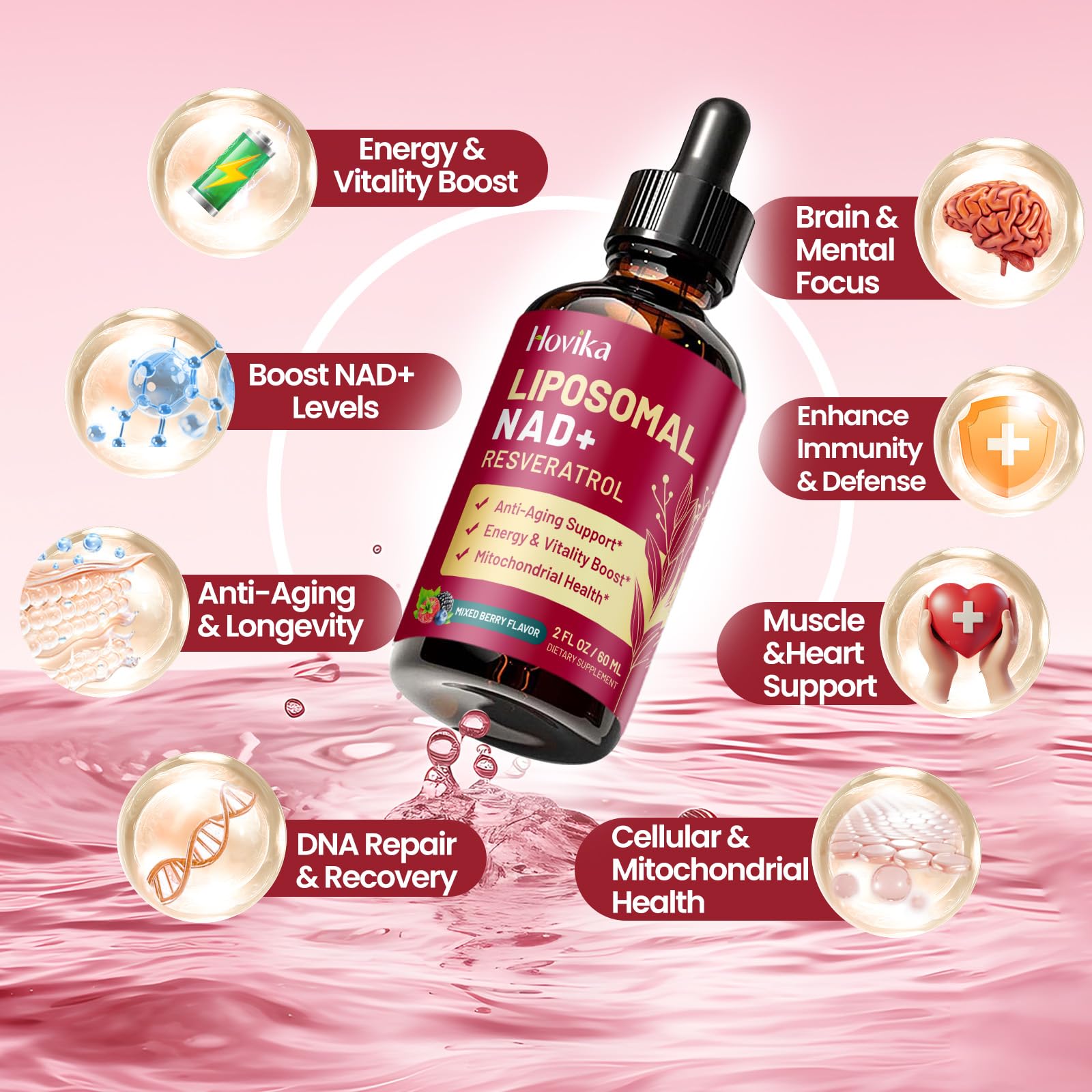 Hovika Liposomal NAD supplement dropper with convenient daily dosing.