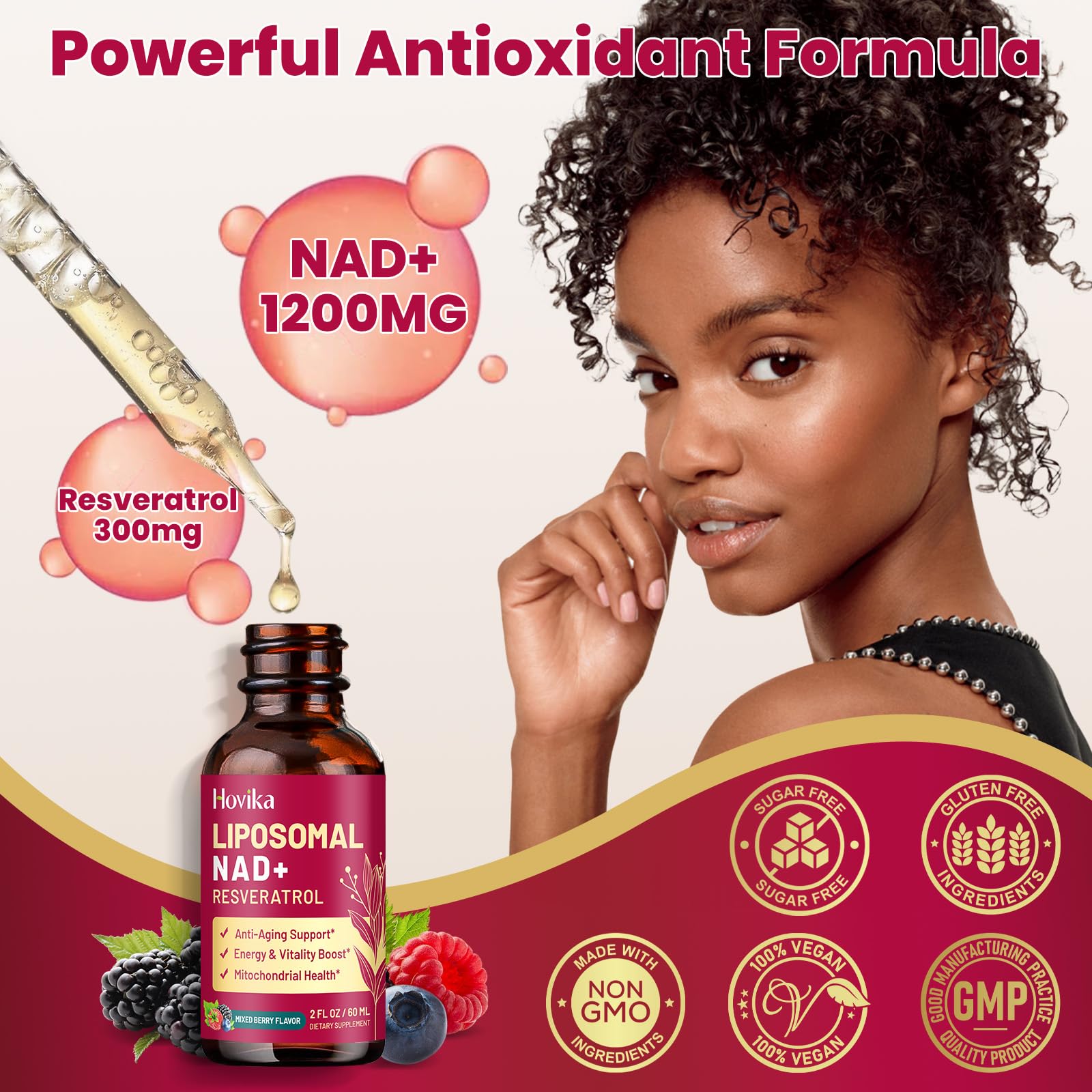 Hovika Liposomal NAD vegan and non-GMO formula label.