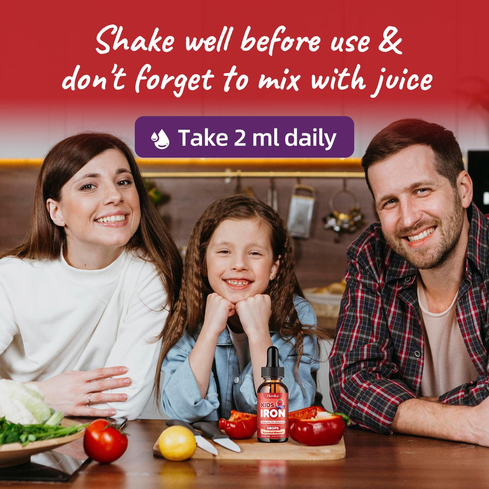 Parent-supervised routine with Hovika kids-friendly iron drops.