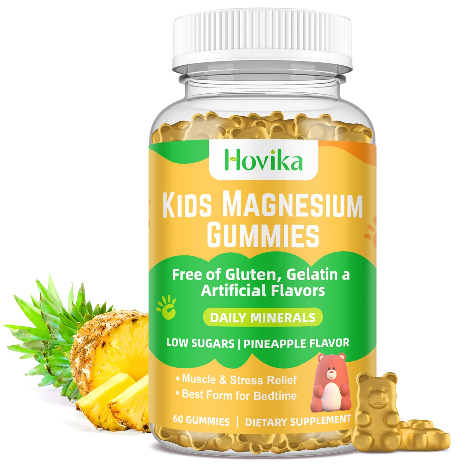 Hovika Magnesium Glycinate Gummies bottle front offers a calming daily supplement for families.