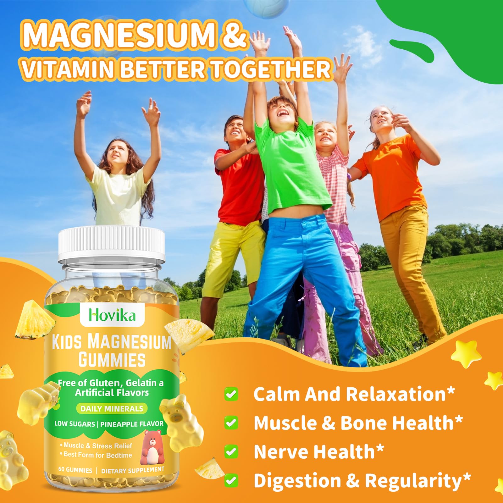 Hovika kids pineapple chews close-up, tasty mood support for daily routines.