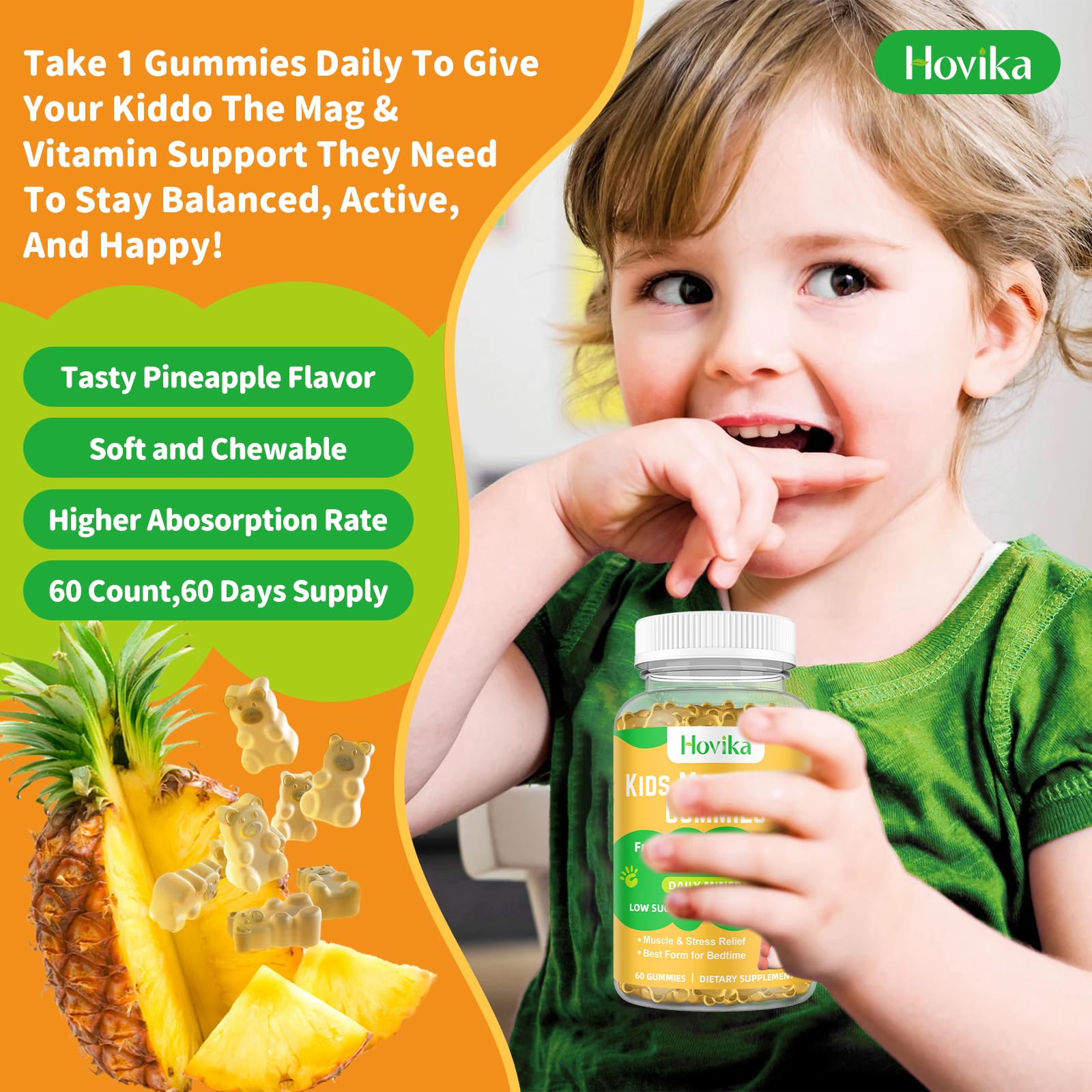 Hovika vegan, non-GMO gummies shelf shot, natural pineapple flavor.