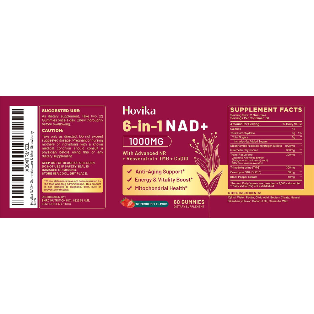 Hovika NAD Gummies jar and label emphasizing sugar-free strawberry wellness