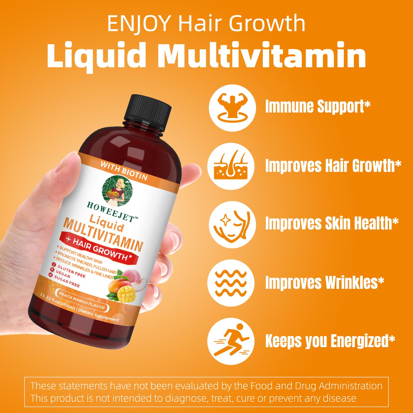 HOWEEJET liquid multivitamin ingredients graphic featuring biotin and vitamins.