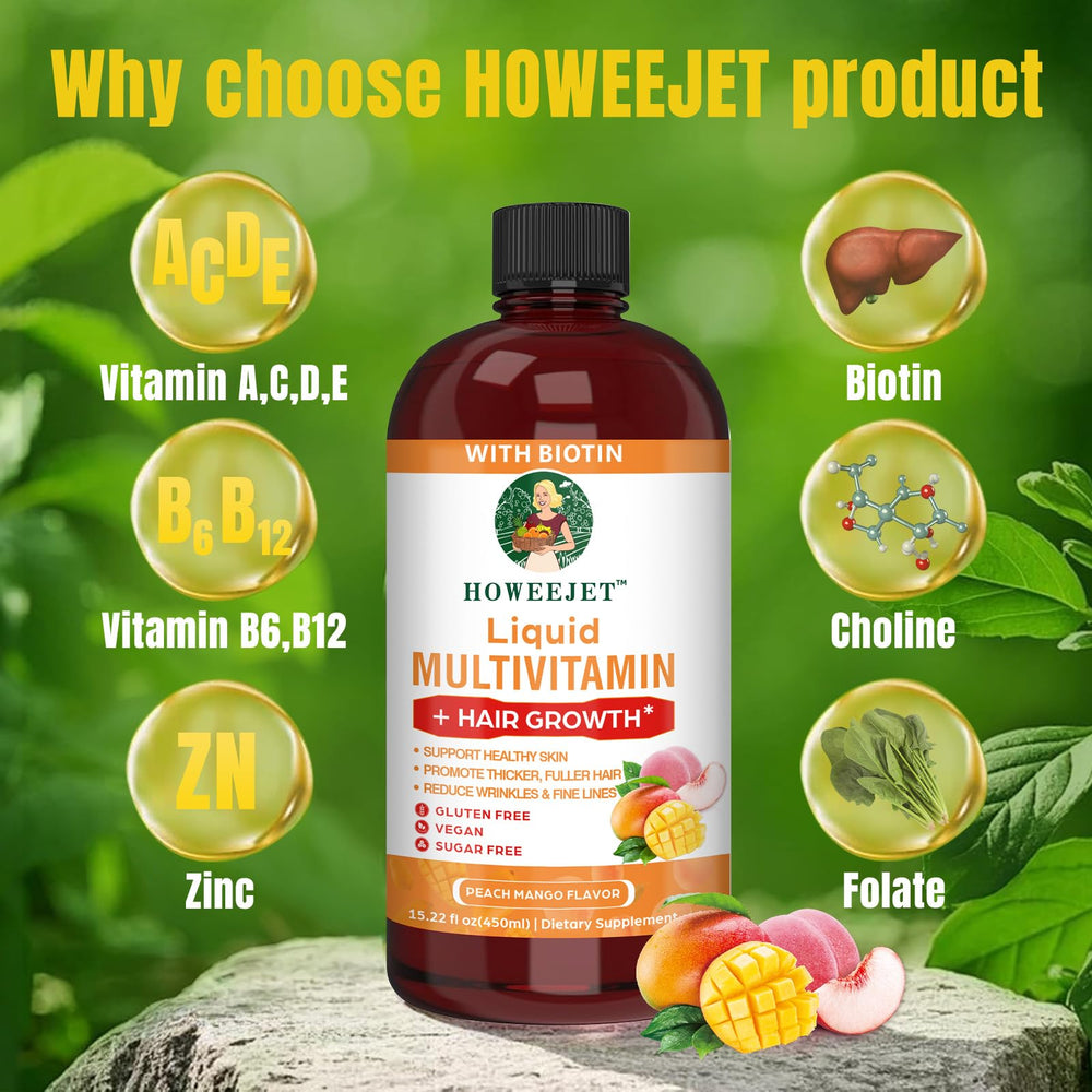 HOWEEJET liquid multivitamin pour illustrating two-tablespoon daily serving.